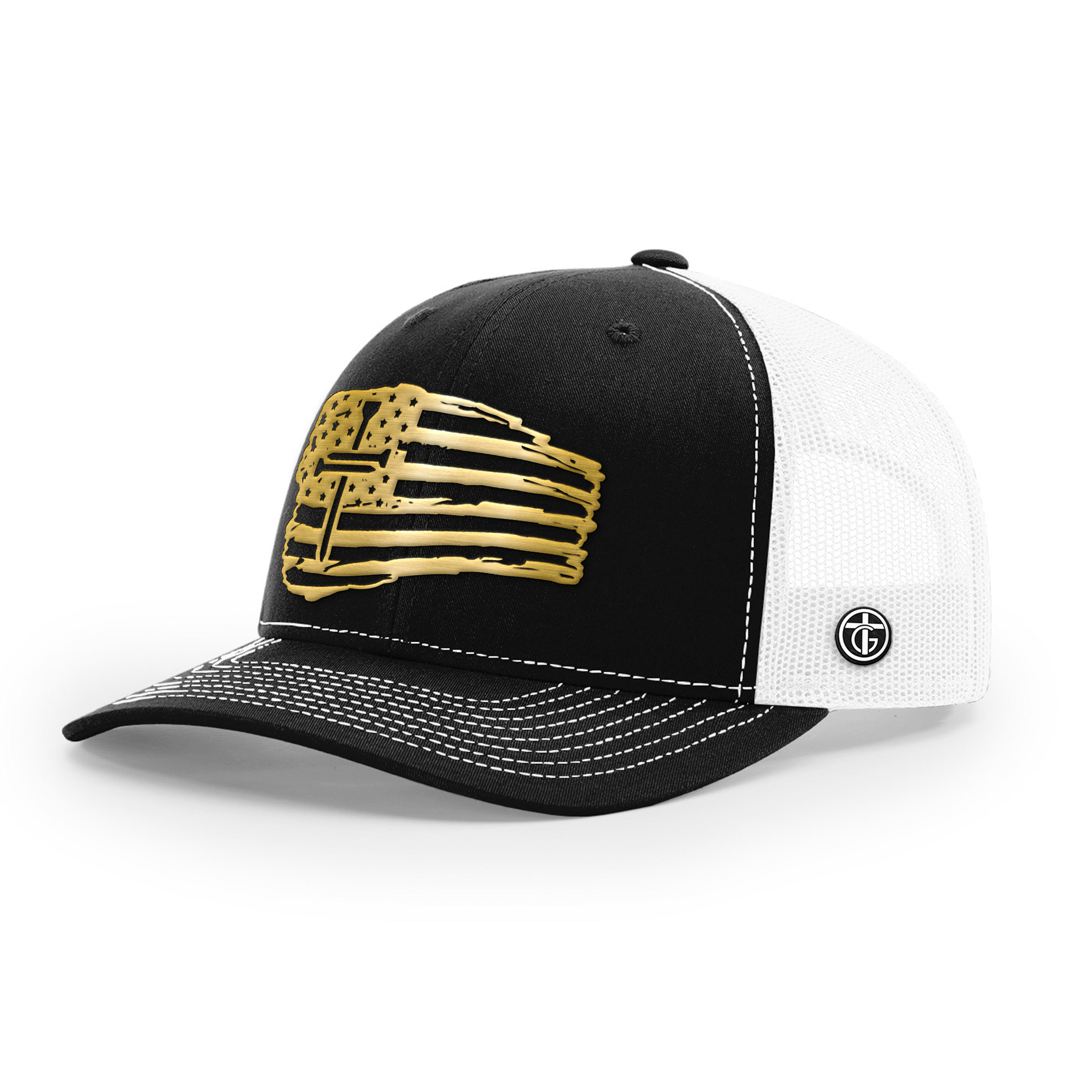 OurTrueGod Customs Hat Snapback / Black and White / One Size Tattered Flag Cross Gold Metal Patch Hats