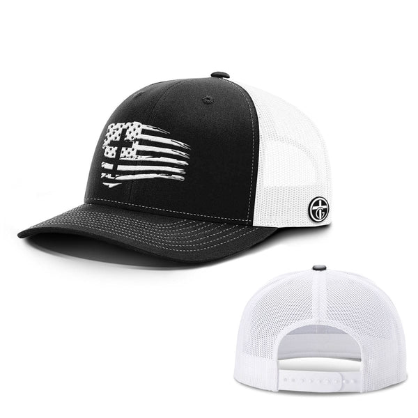 Tattered Flag Cross Hat, Snapback in Black and White
