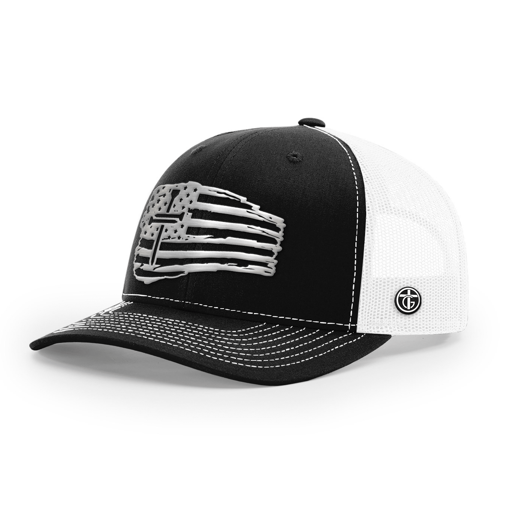 OurTrueGod Customs Hat Snapback / Black and White / One Size Tattered Flag Cross Silver Metal Patch Hats
