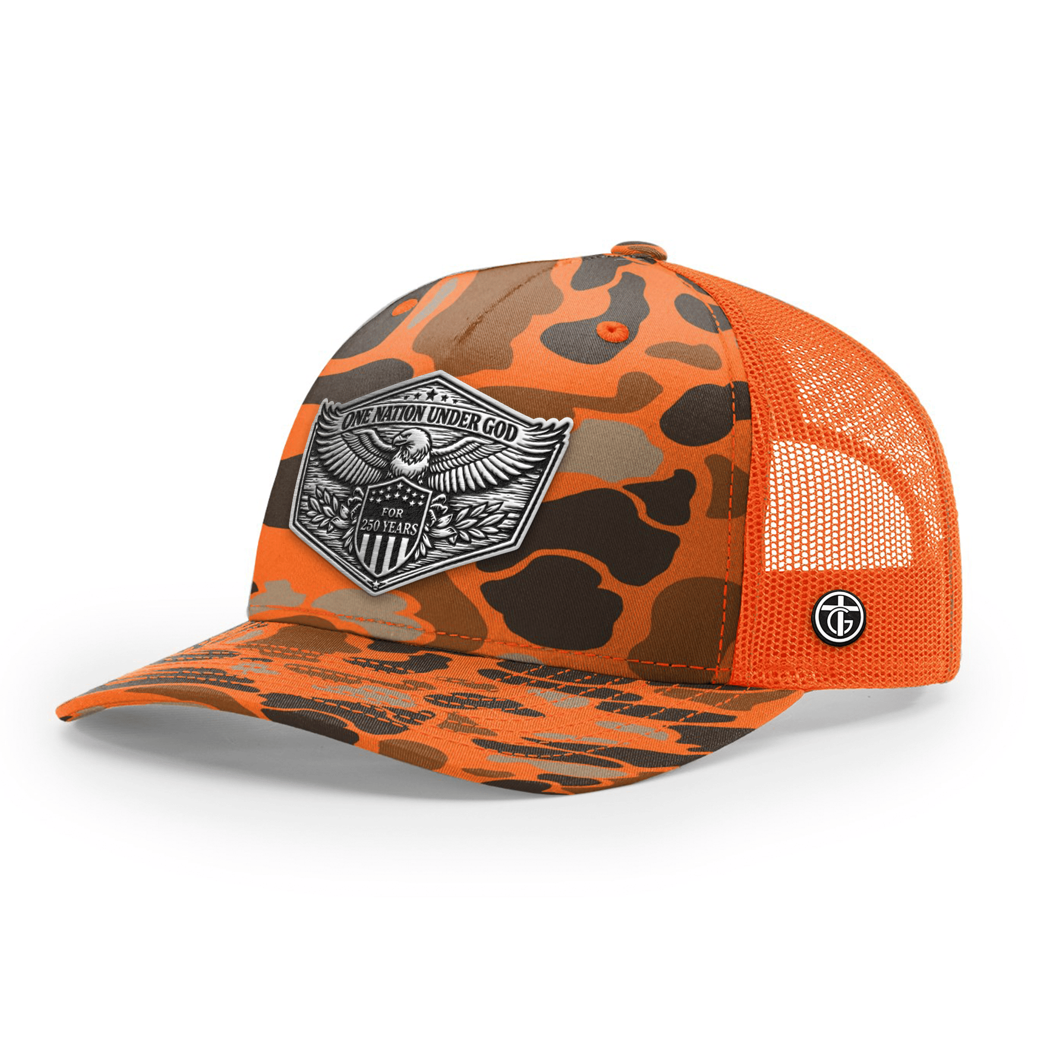 OurTrueGod Customs Hat Snapback / Blaze Duck Camo and Blaze / One Size One Nation Under God 250th Year Hat