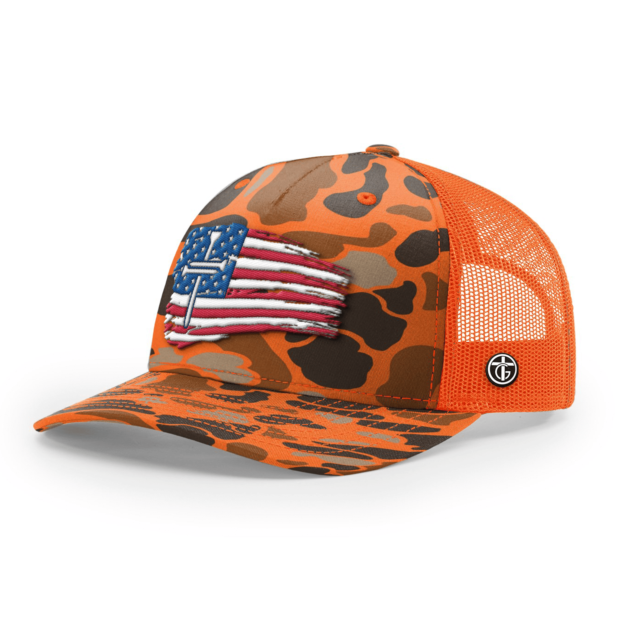 OurTrueGod Customs Hat Snapback / Blaze Duck Camo and Blaze / One Size Tattered Flag Cross Camo Hats