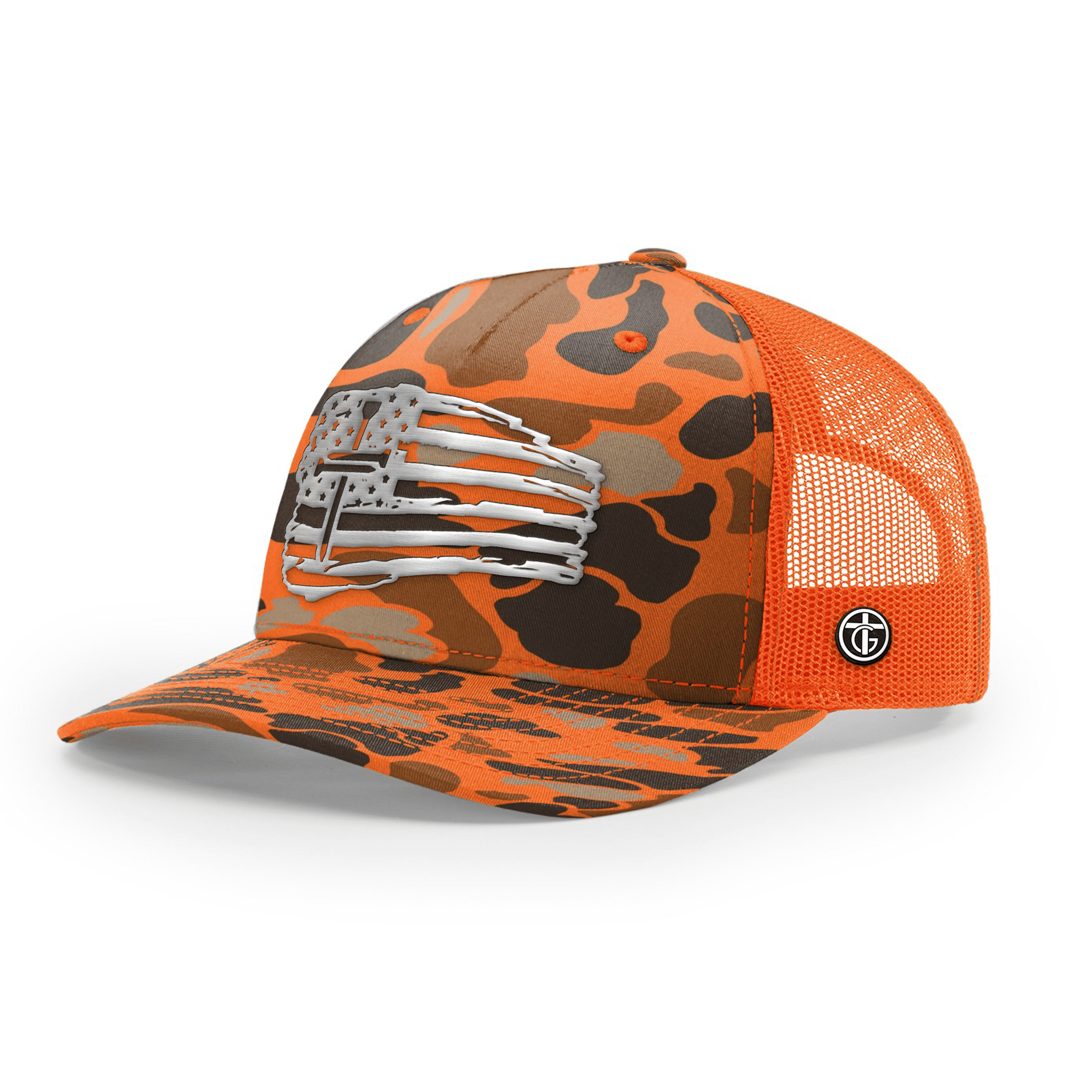 OurTrueGod Customs Hat Snapback / Blaze Duck Camo and Blaze / One Size Tattered Flag Cross Silver Metal Patch Camo Hats