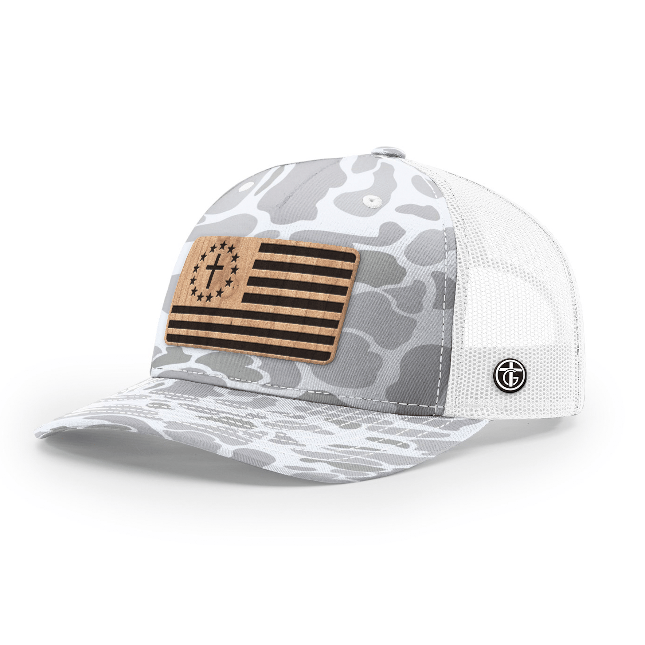 OurTrueGod Customs Hat Snapback / Blizzard Duck Camo and White / One Size Betsy Ross Flag Wood Patch Camo Hats