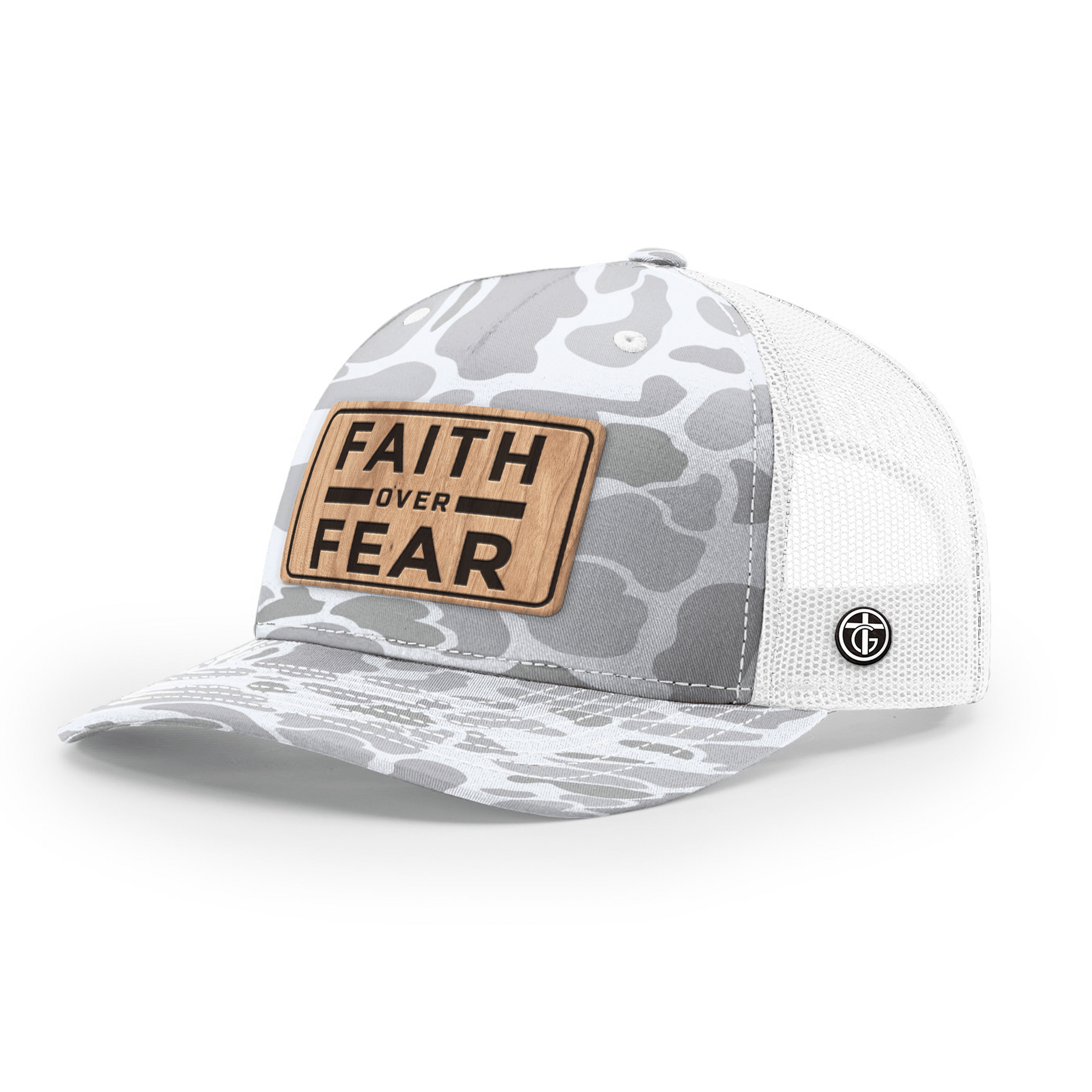 OurTrueGod Customs Hat Snapback / Blizzard Duck Camo and White / One Size Faith Over Fear Camo Wood Patch Camo Hats