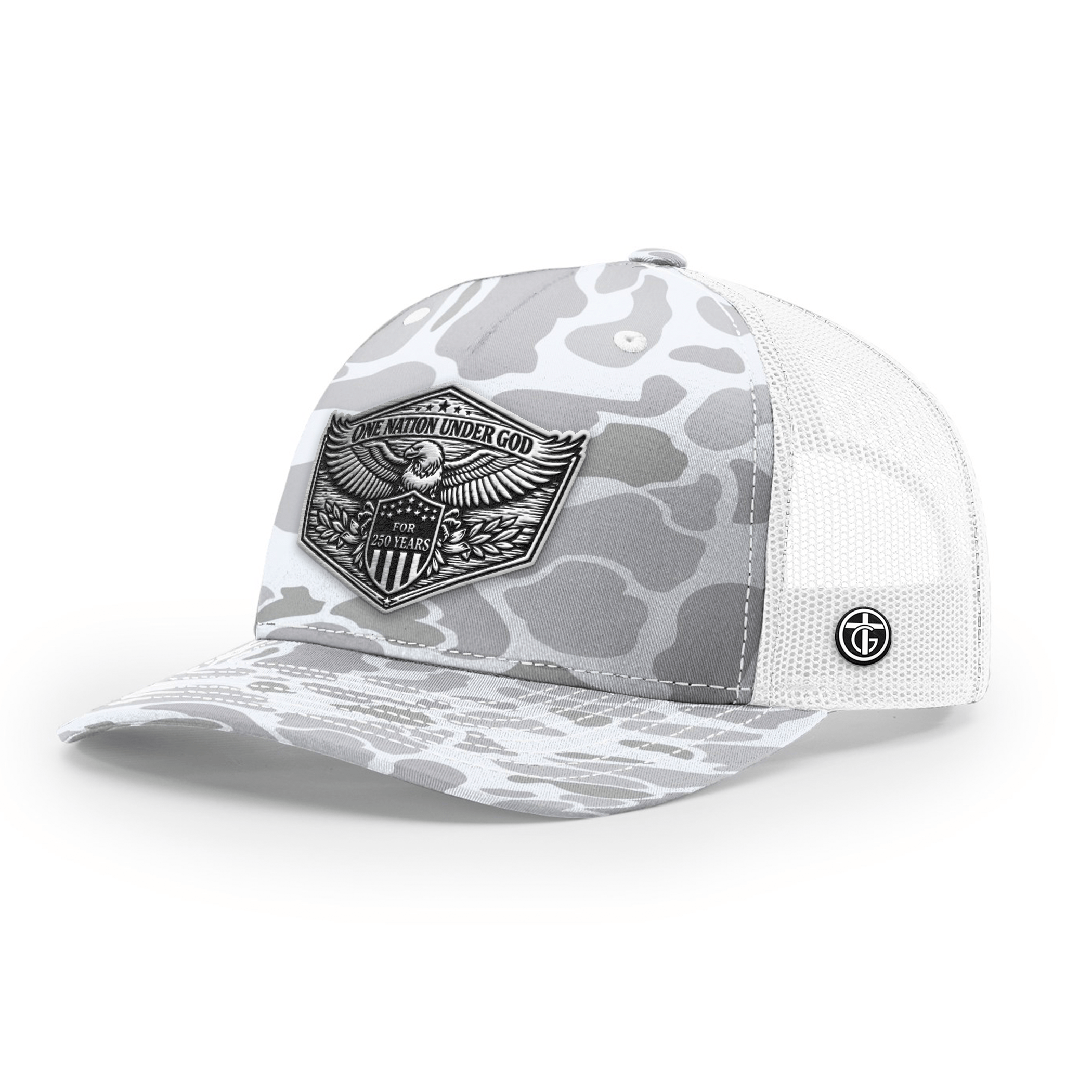 OurTrueGod Customs Hat Snapback / Blizzard Duck Camo and White / One Size One Nation Under God 250th Year Hat
