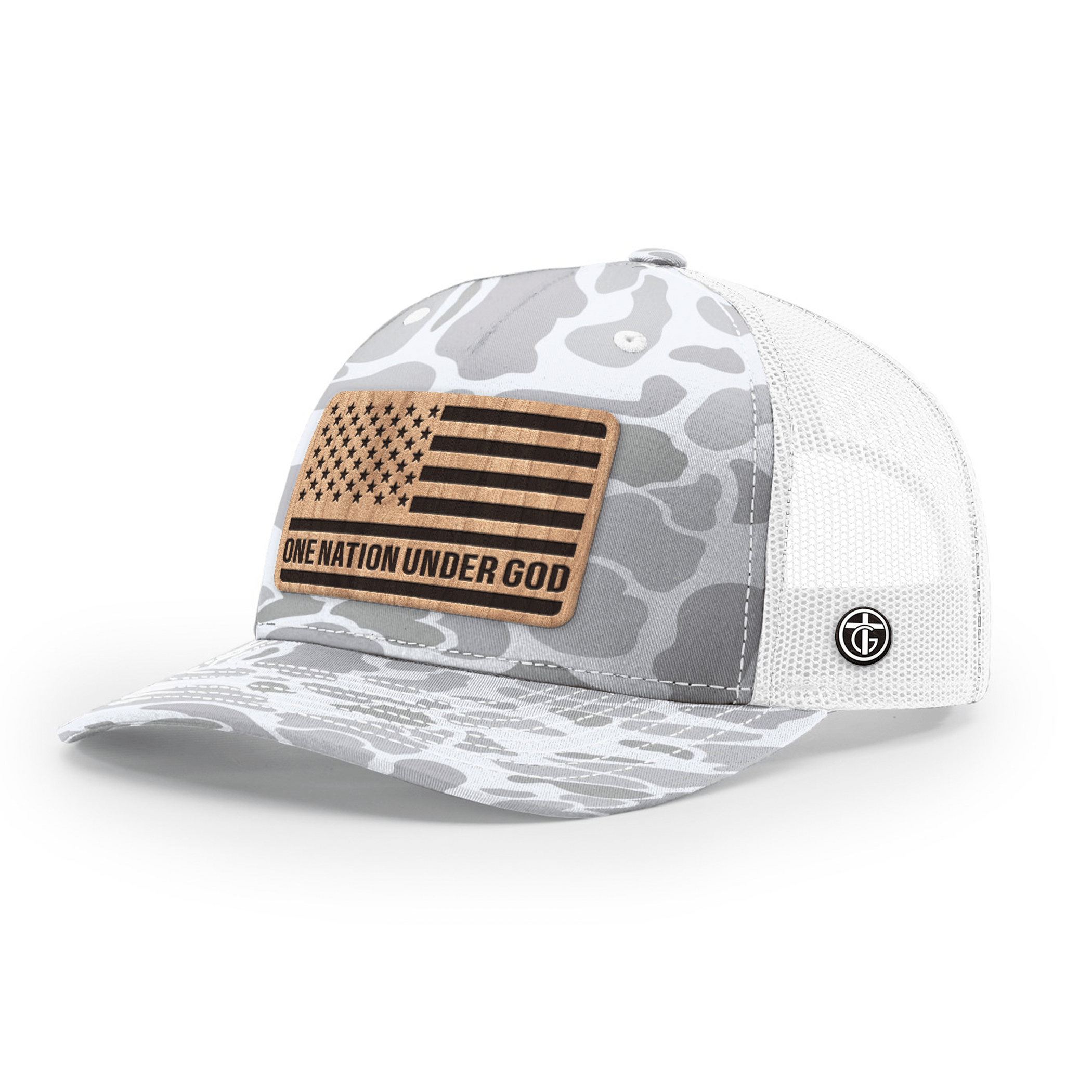 OurTrueGod Customs Hat Snapback / Blizzard Duck Camo and White / One Size One Nation Under God Wood Patch Camo Hats