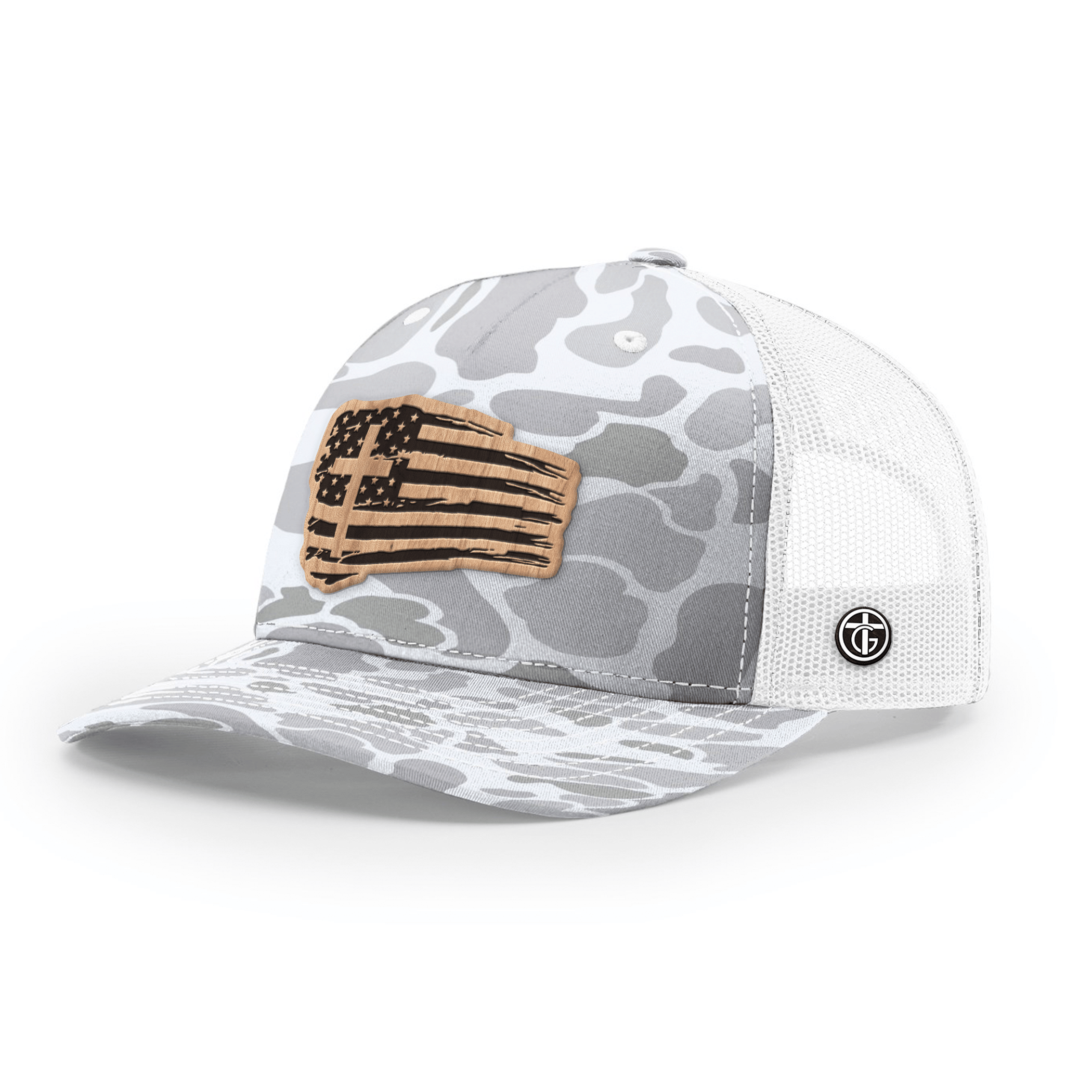 OurTrueGod Customs Hat Snapback / Blizzard Duck Camo and White / One Size Tattered Flag Wood Patch Camo Hats