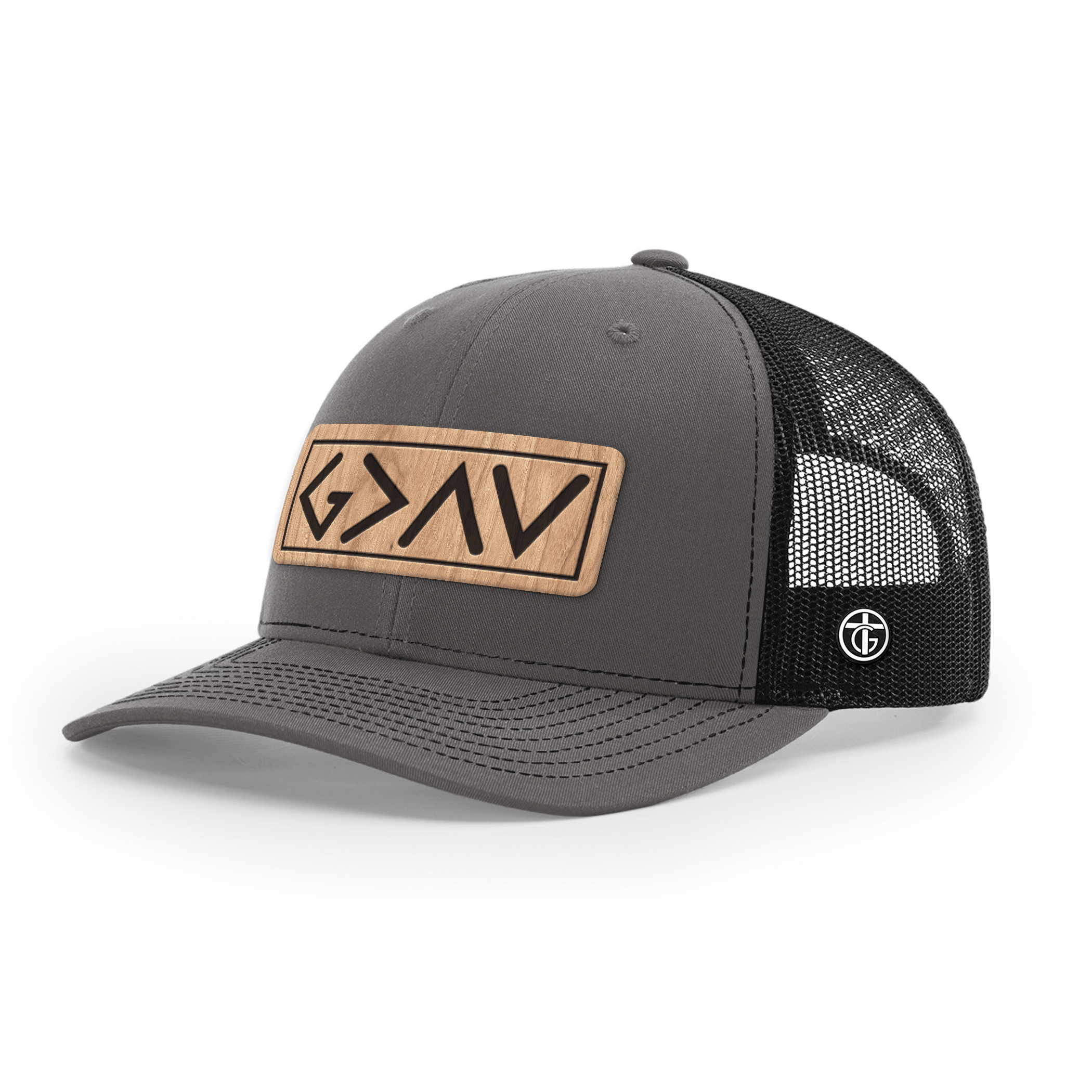OurTrueGod Customs Hat Snapback / Charcoal and Black / One Size God Is Greater Than The Highs And Lows Wood Patch Hats