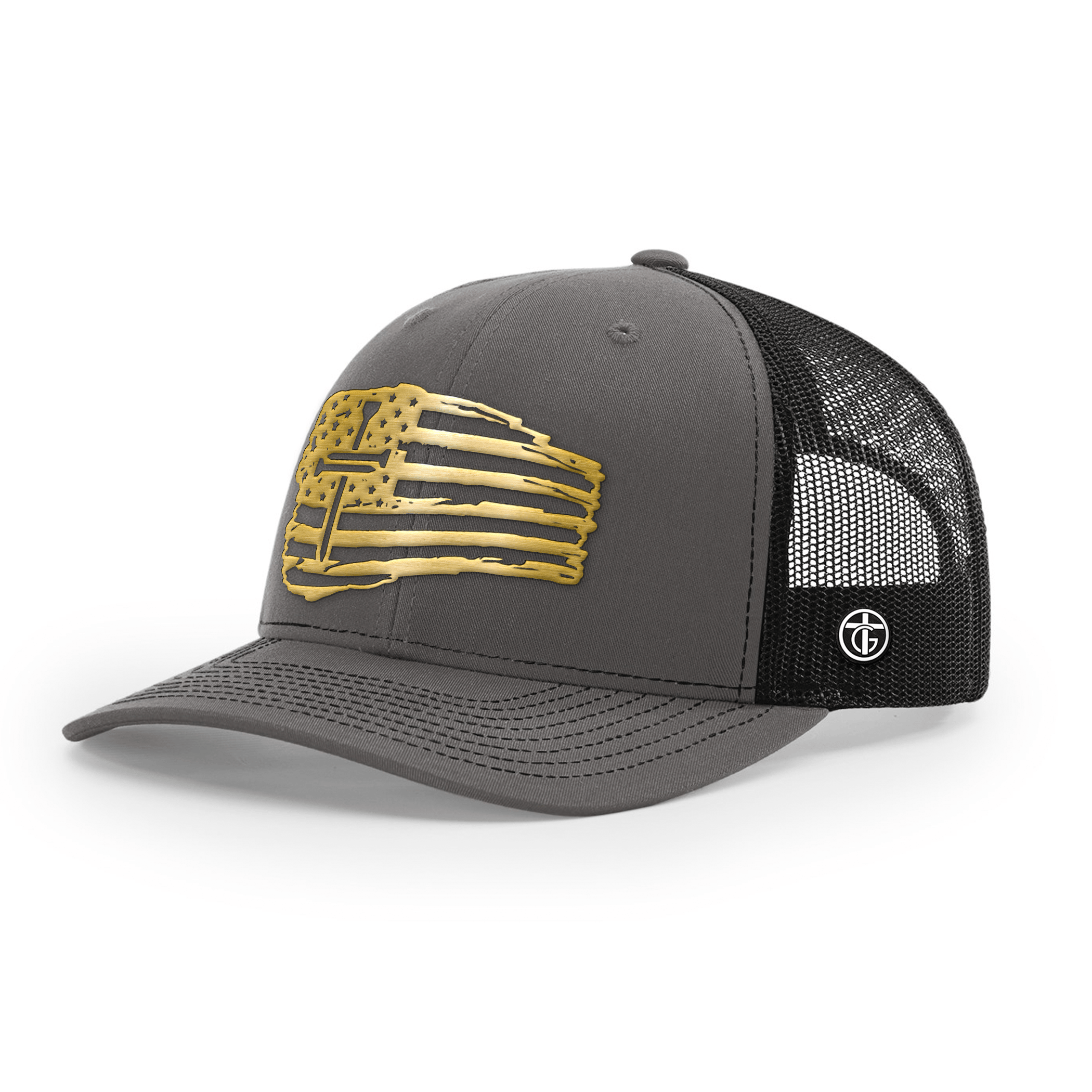 OurTrueGod Customs Hat Snapback / Charcoal and Black / One Size Tattered Flag Cross Gold Metal Patch Hats