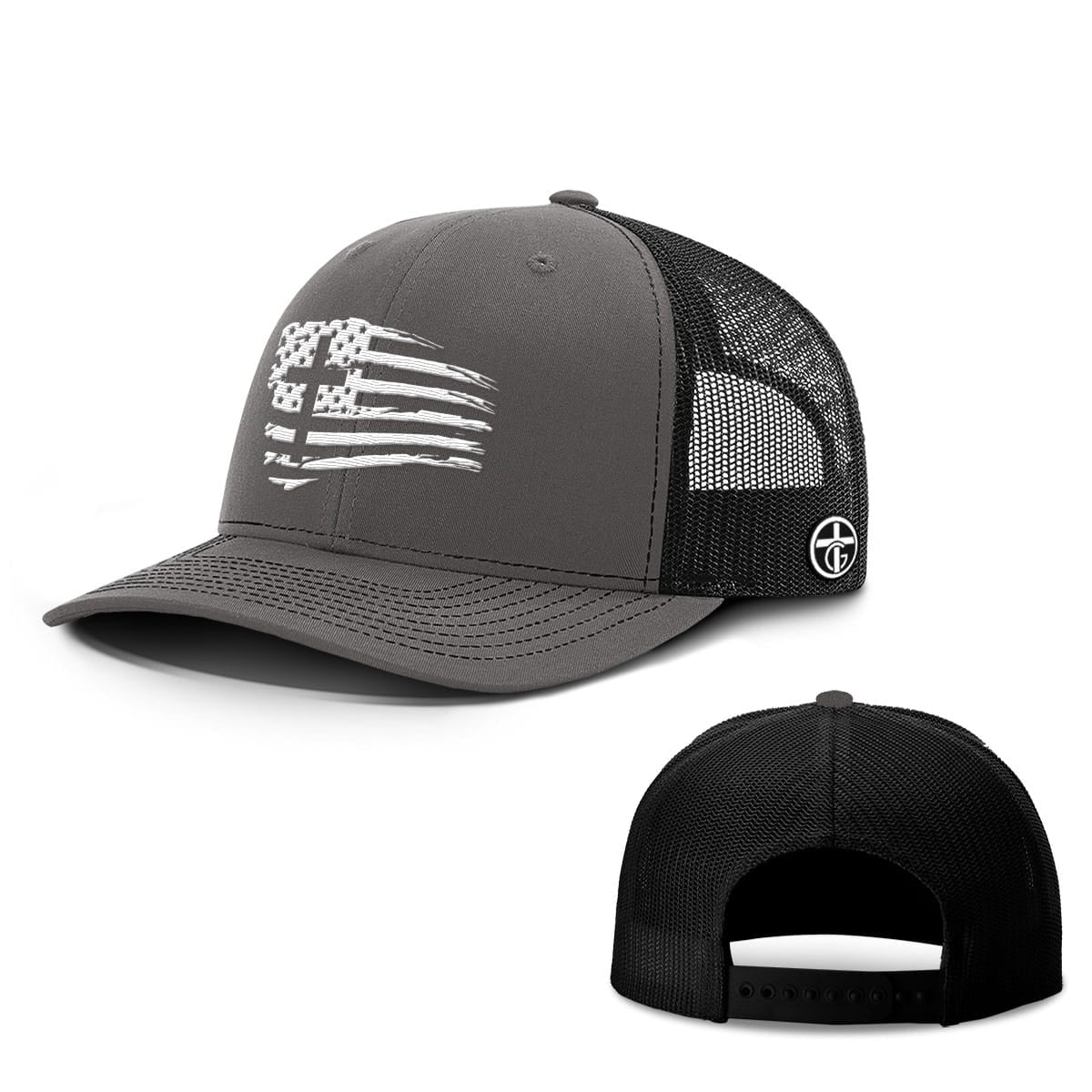 OurTrueGod Customs Hat Snapback / Charcoal and Black / One Size Tattered Flag Cross Hats