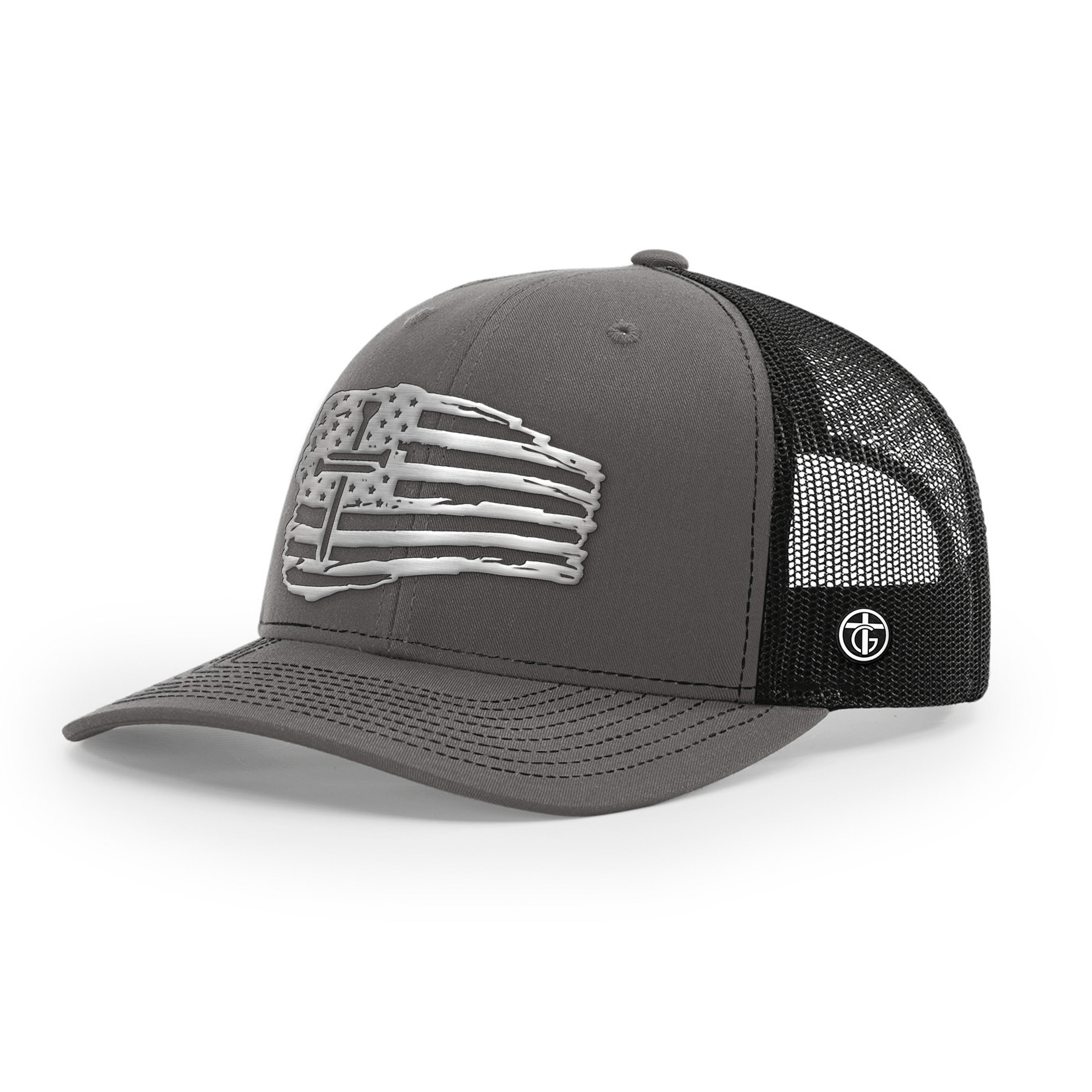 OurTrueGod Customs Hat Snapback / Charcoal and Black / One Size Tattered Flag Cross Silver Metal Patch Hats
