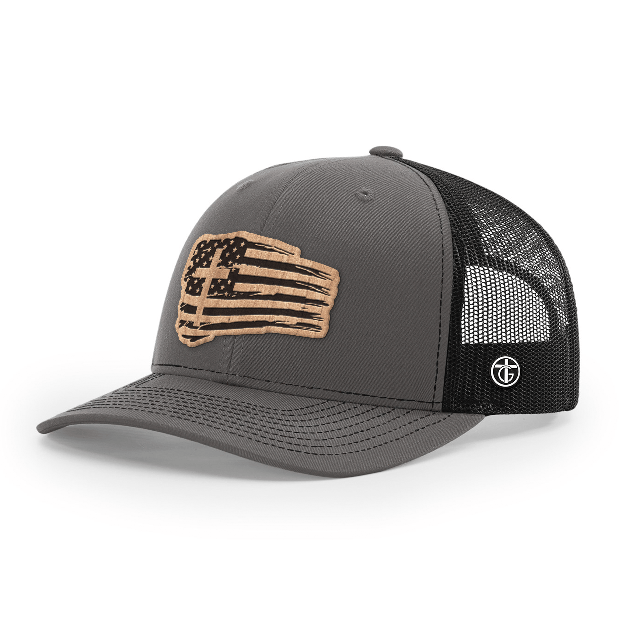 OurTrueGod Customs Hat Snapback / Charcoal and Black / One Size Tattered Flag Wood Patch Hats
