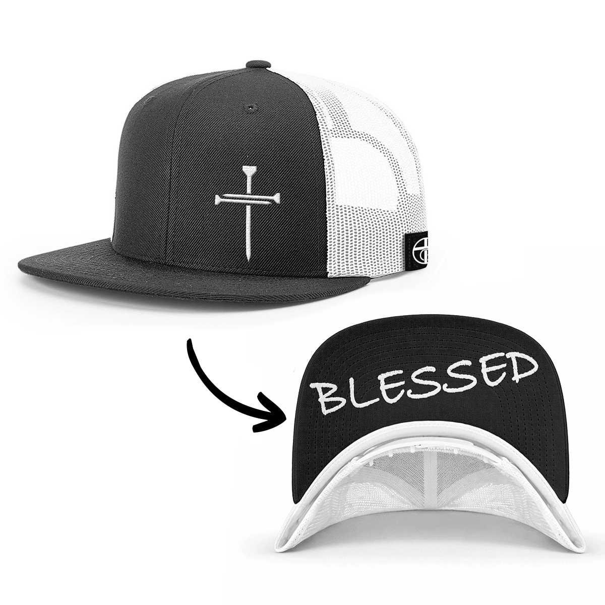 OurTrueGod Customs Hat Snapback Flatbill / Black and White / One Size 3 Nail Cross - Blessed Prayer Print Hats
