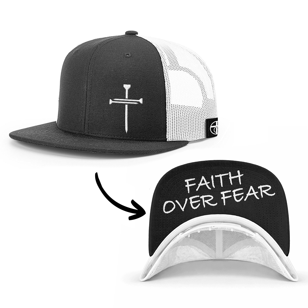 OurTrueGod Customs Hat Snapback Flatbill / Black and White / One Size 3 Nail Cross - Faith Over Fear Prayer Print Hats