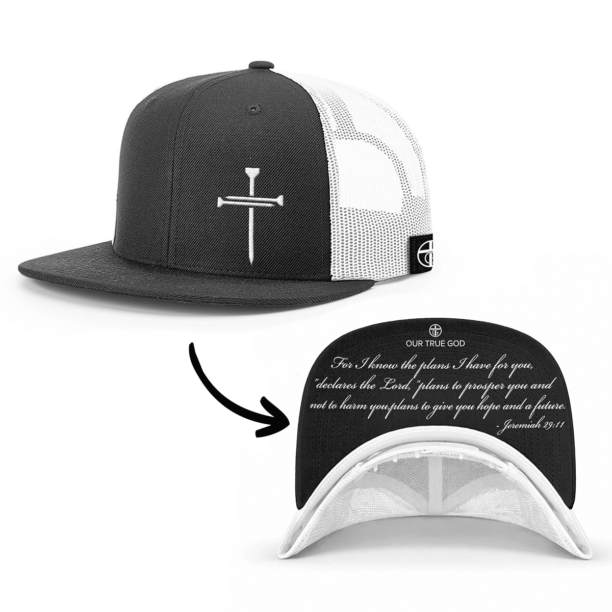 OurTrueGod Customs Hat Snapback Flatbill / Black and White / One Size 3 Nail Cross - Jeremiah 29:11 Prayer Print Hats