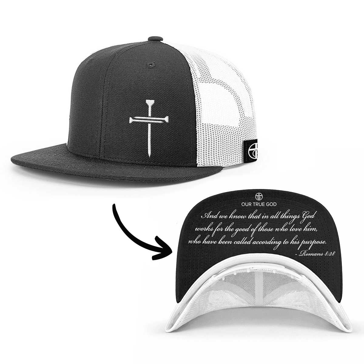OurTrueGod Customs Hat Snapback Flatbill / Black and White / One Size 3 Nail Cross - Romans 8:28 Prayer Print Hats