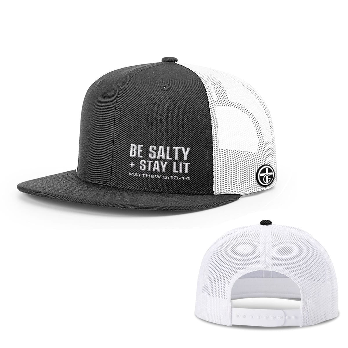 Be Salty + Stay Lit Lower Left Hat, Snapback Flatbill in Black and White