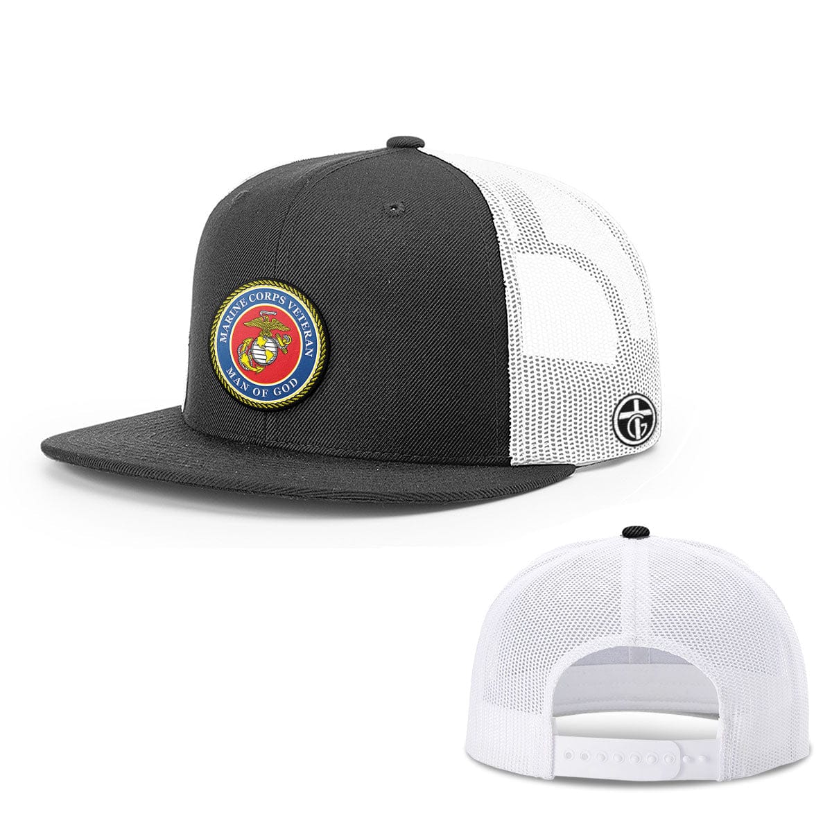 OurTrueGod Customs Hat Snapback Flatbill / Black and White / One Size Marine Corps Veteran -Man Of God Circle Patch Hats
