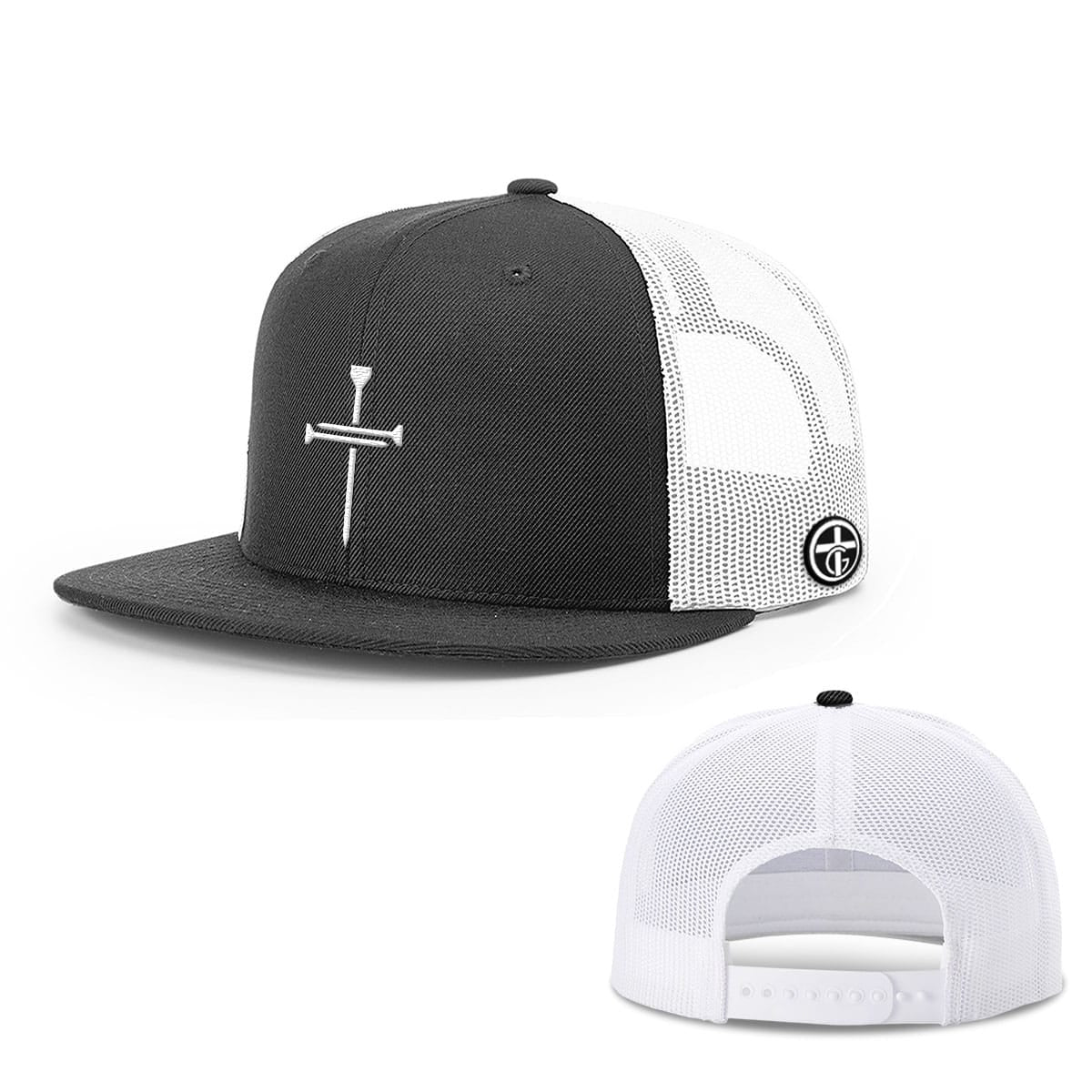 OurTrueGod Customs Hat Snapback Flatbill / Black and White / One Size Nail Cross Center Hats