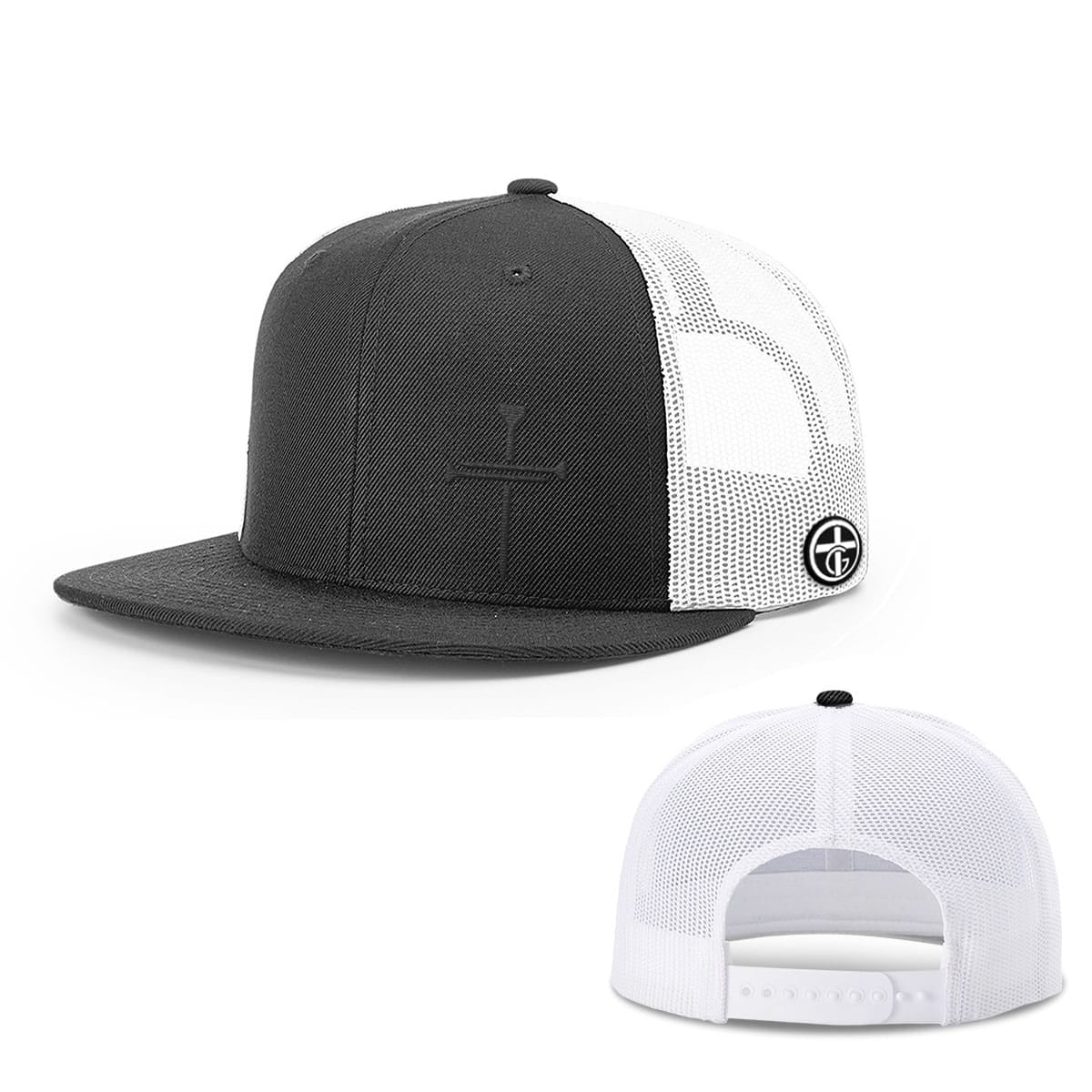 OurTrueGod Customs Hat Snapback Flatbill / Black and White / One Size Nail Cross Lower Left Blackout Version Hats