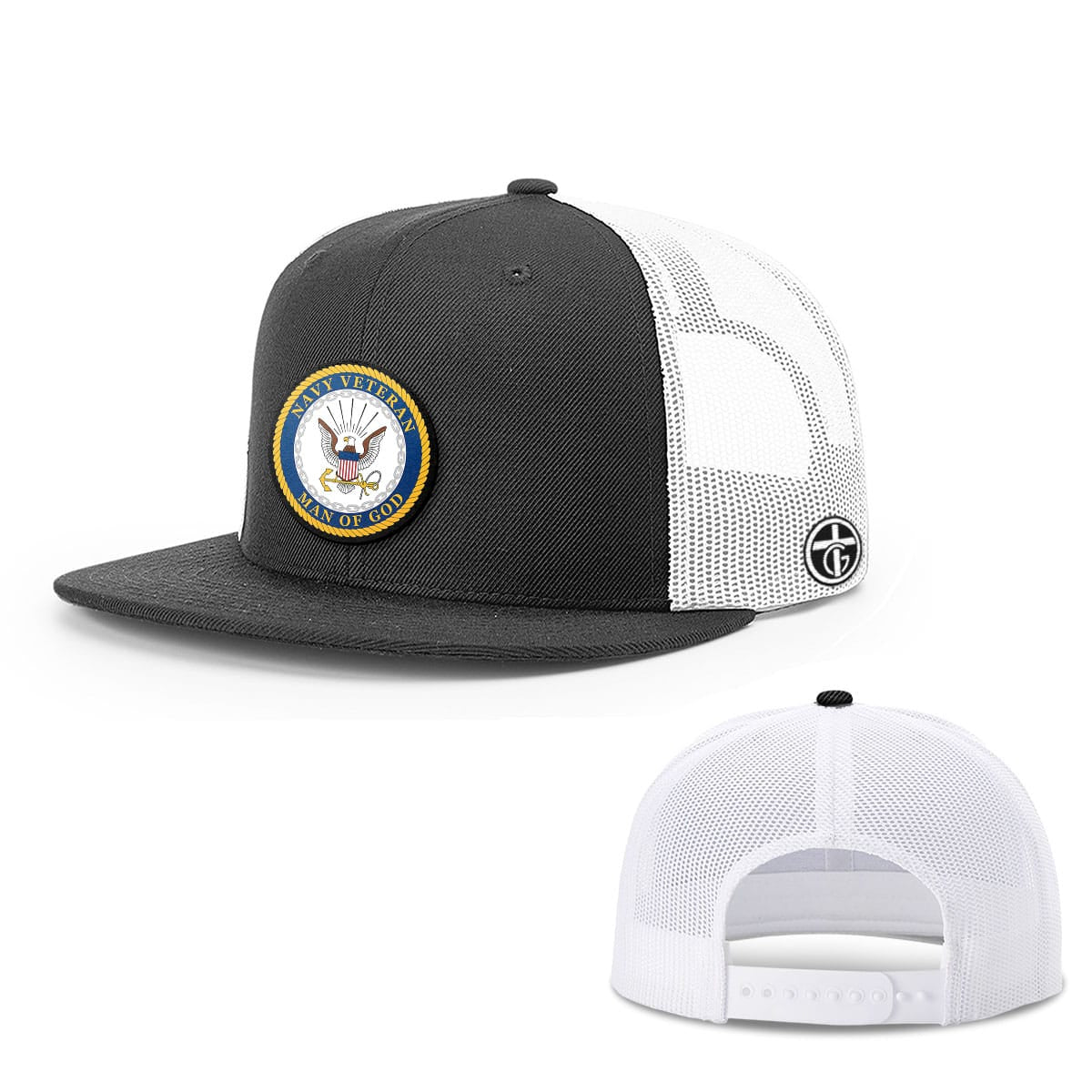 OurTrueGod Customs Hat Snapback Flatbill / Black and White / One Size Navy Veteran - Man Of God Patch Hats