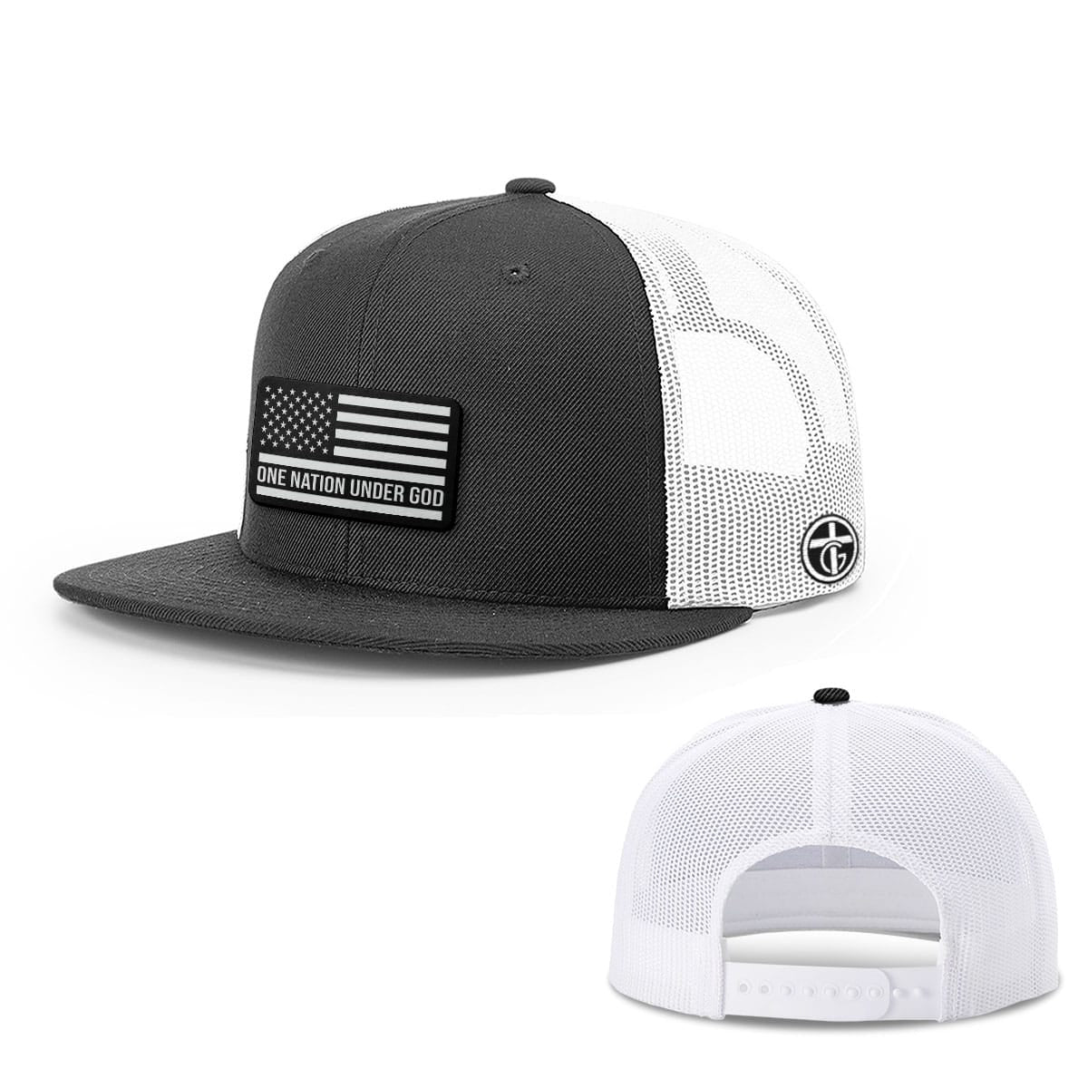One Nation Under God DBD Patch Hat, Snapback Flatbill in Black and White