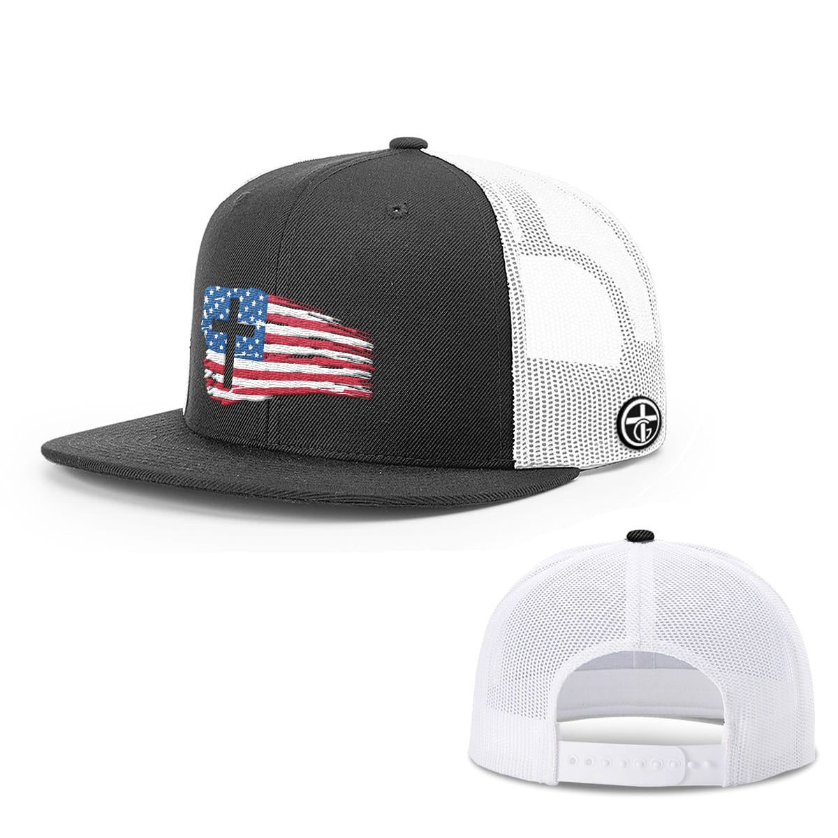 OurTrueGod Customs Hat Snapback Flatbill / Black and White / One Size Tattered USA Flag Hats