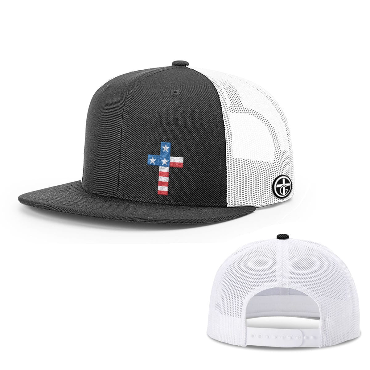 OurTrueGod Customs Hat Snapback Flatbill / Black and White / One Size USA Flag Cross Hats