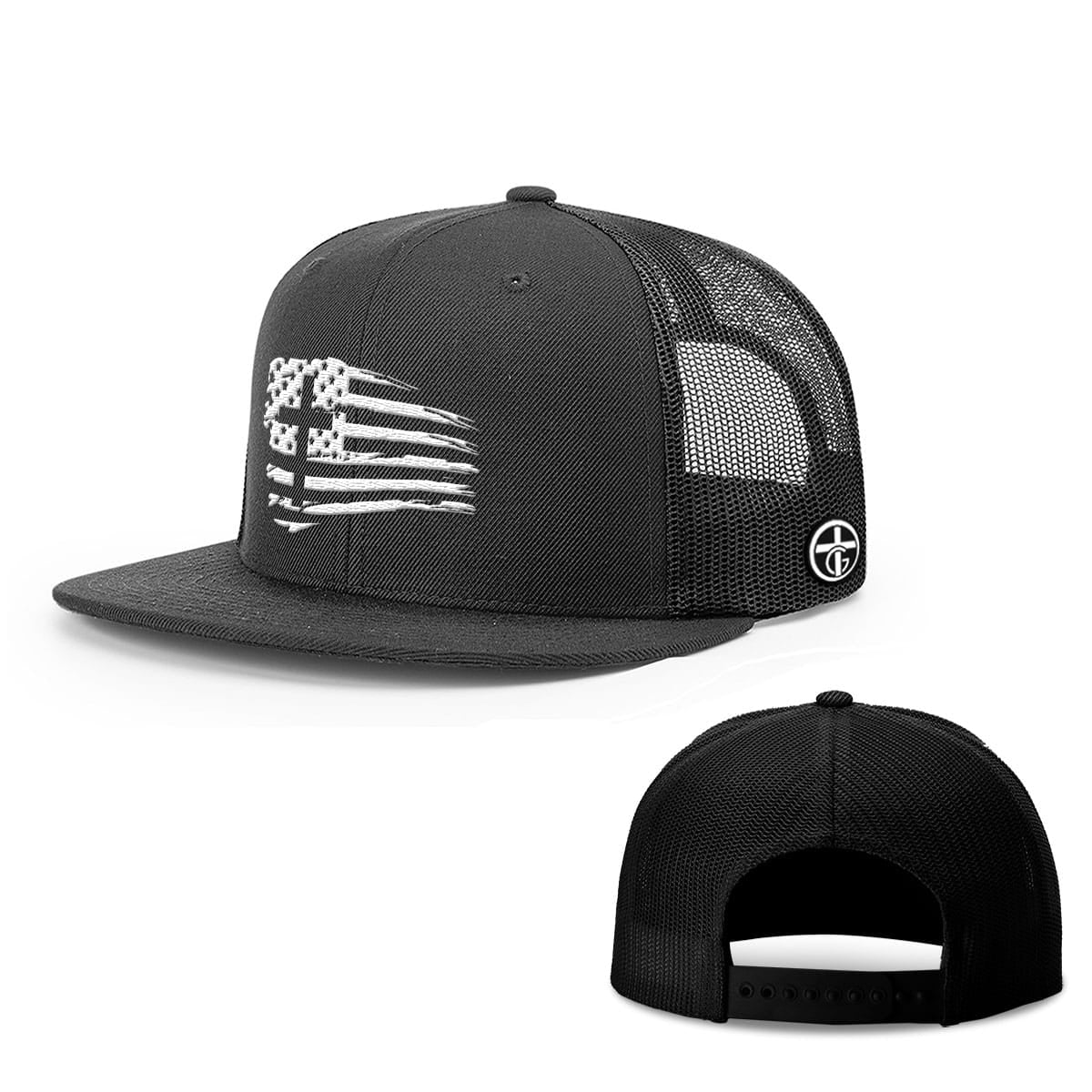 OurTrueGod Customs Hat Snapback Flatbill / Full Black / One Size Tattered Flag Cross Hats