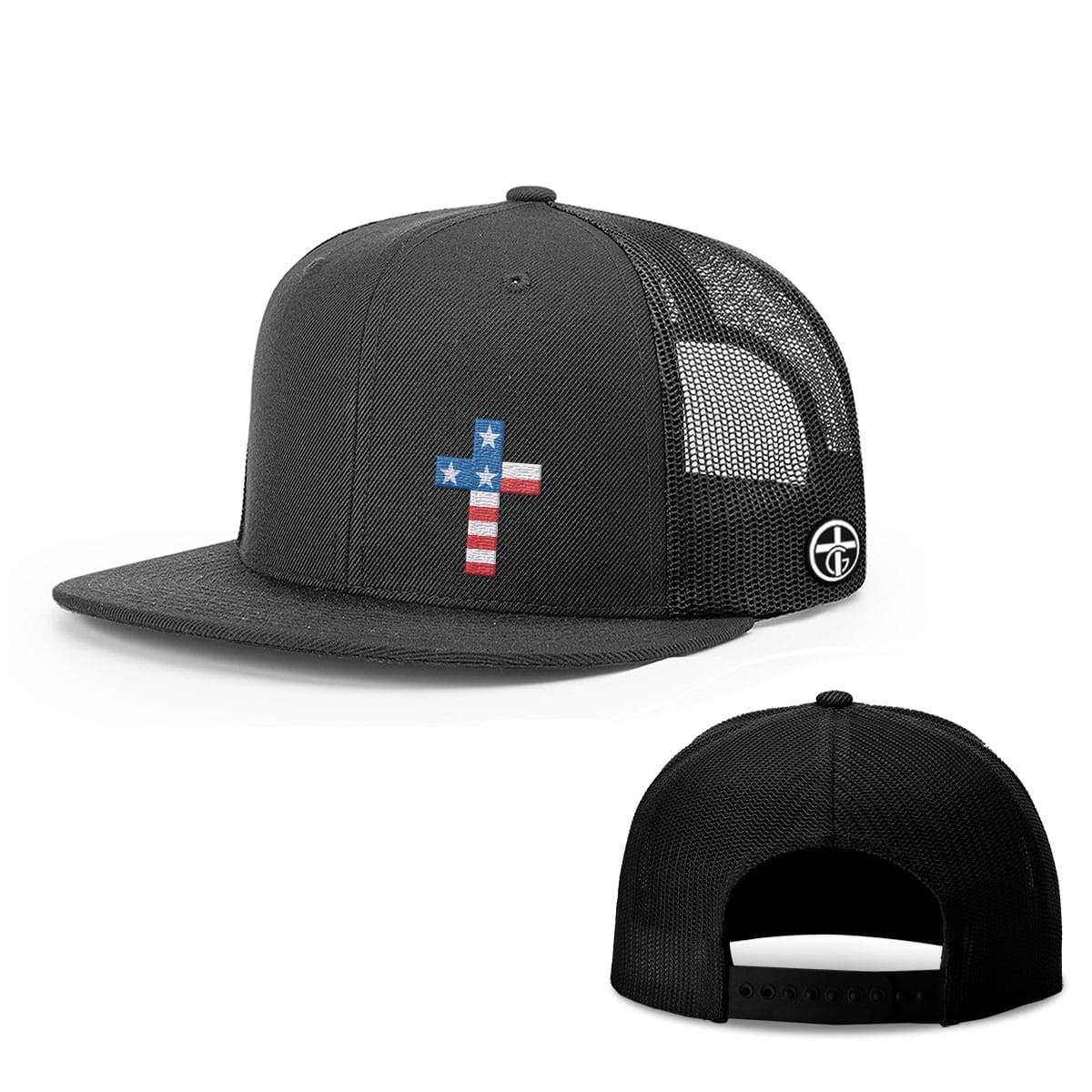 OurTrueGod Customs Hat Snapback Flatbill / Full Black / One Size USA Flag Cross Hats