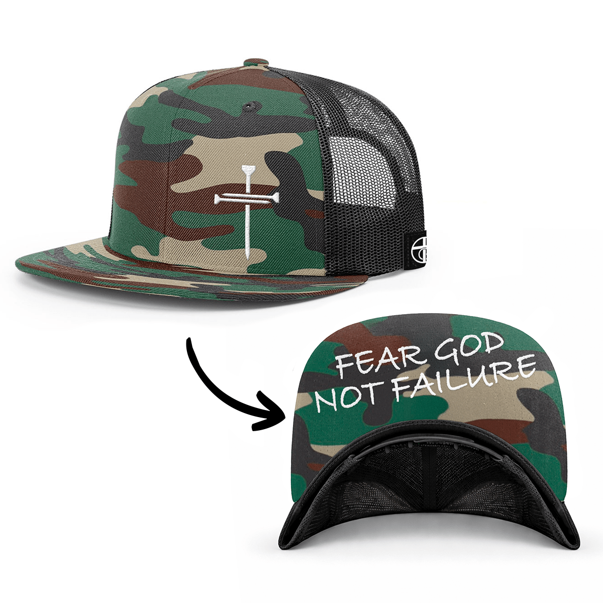 OurTrueGod Customs Hat Snapback Flatbill / Green Camo and Black / One Size 3 Nail Cross - Fear God Not Failure Prayer Print Hats