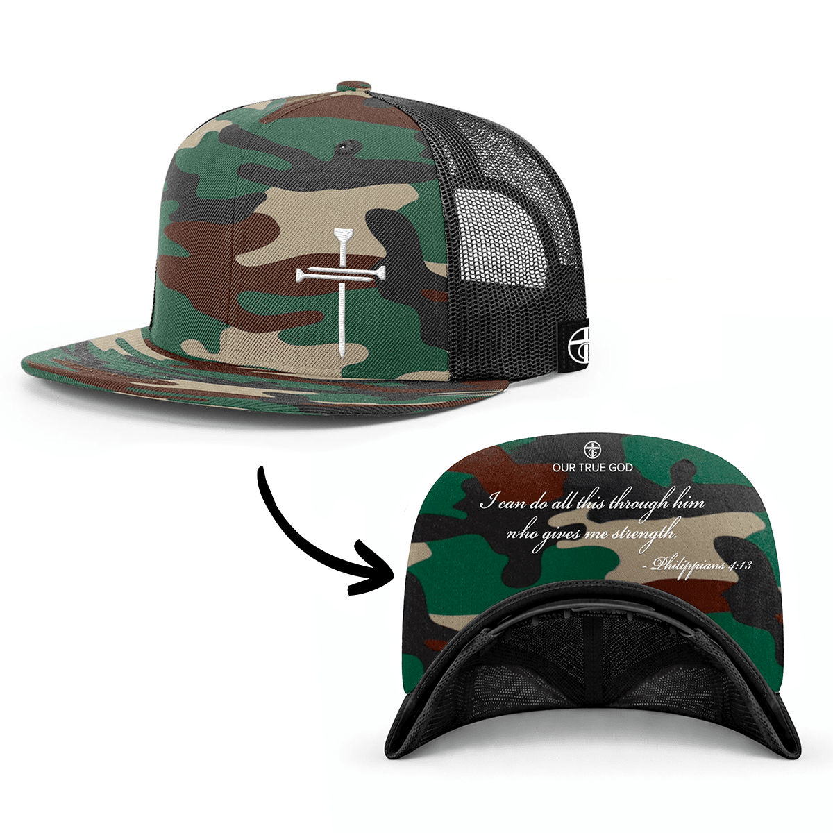 OurTrueGod Customs Hat Snapback Flatbill / Green Camo and Black / One Size 3 Nail Cross - Philippians 4:13 Prayer Print Hats