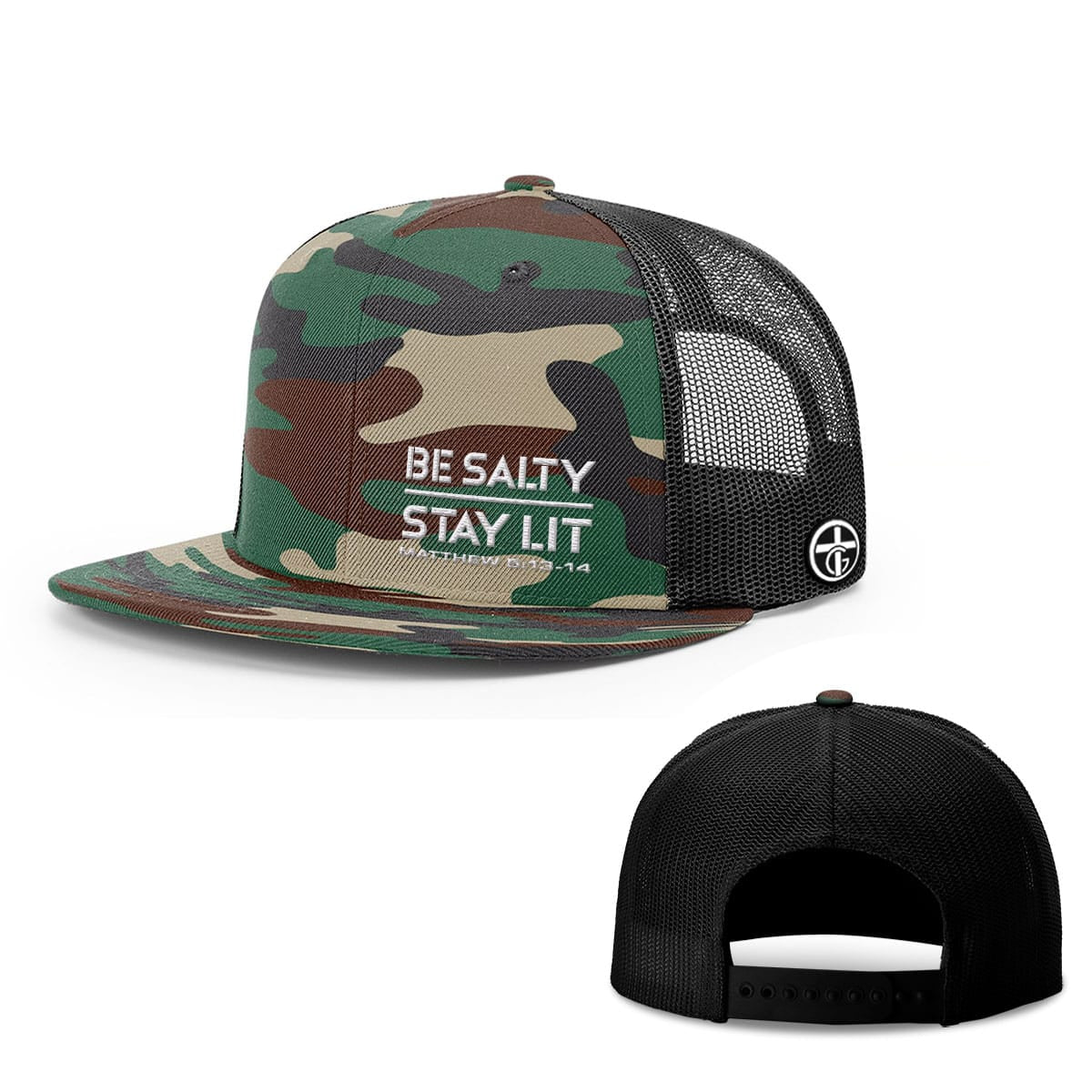 OurTrueGod Customs Hat Snapback Flatbill / Green Camo and Black / One Size Be Salty Stay Lit Lower Left Hats