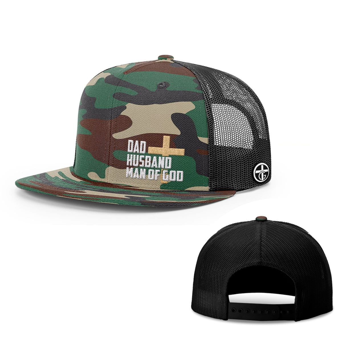 OurTrueGod Customs Hat Snapback Flatbill / Green Camo and Black / One Size Dad, Husband, Man of God Hats