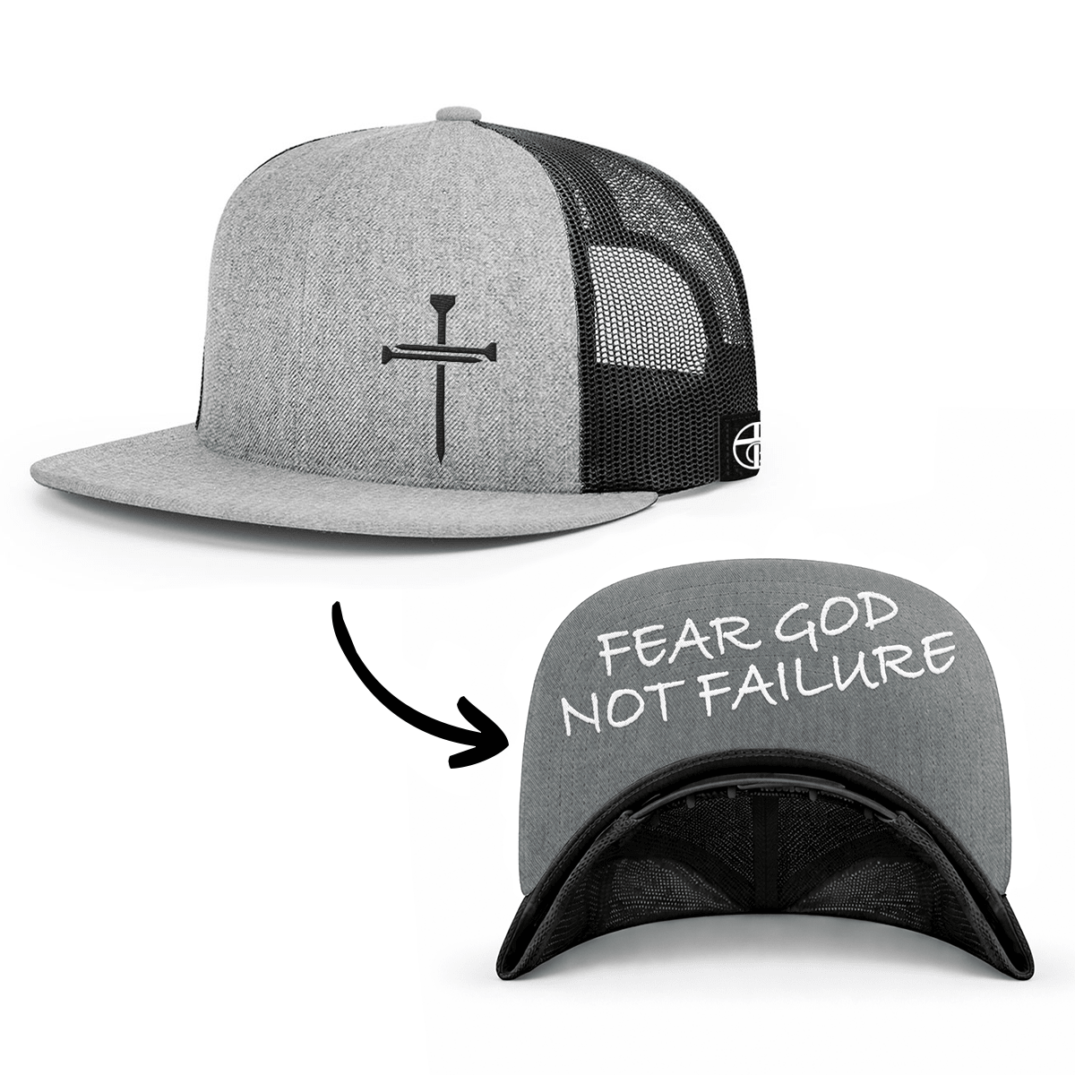 OurTrueGod Customs Hat Snapback Flatbill / Heather and Black / One Size 3 Nail Cross - Fear God Not Failure Prayer Print Hats
