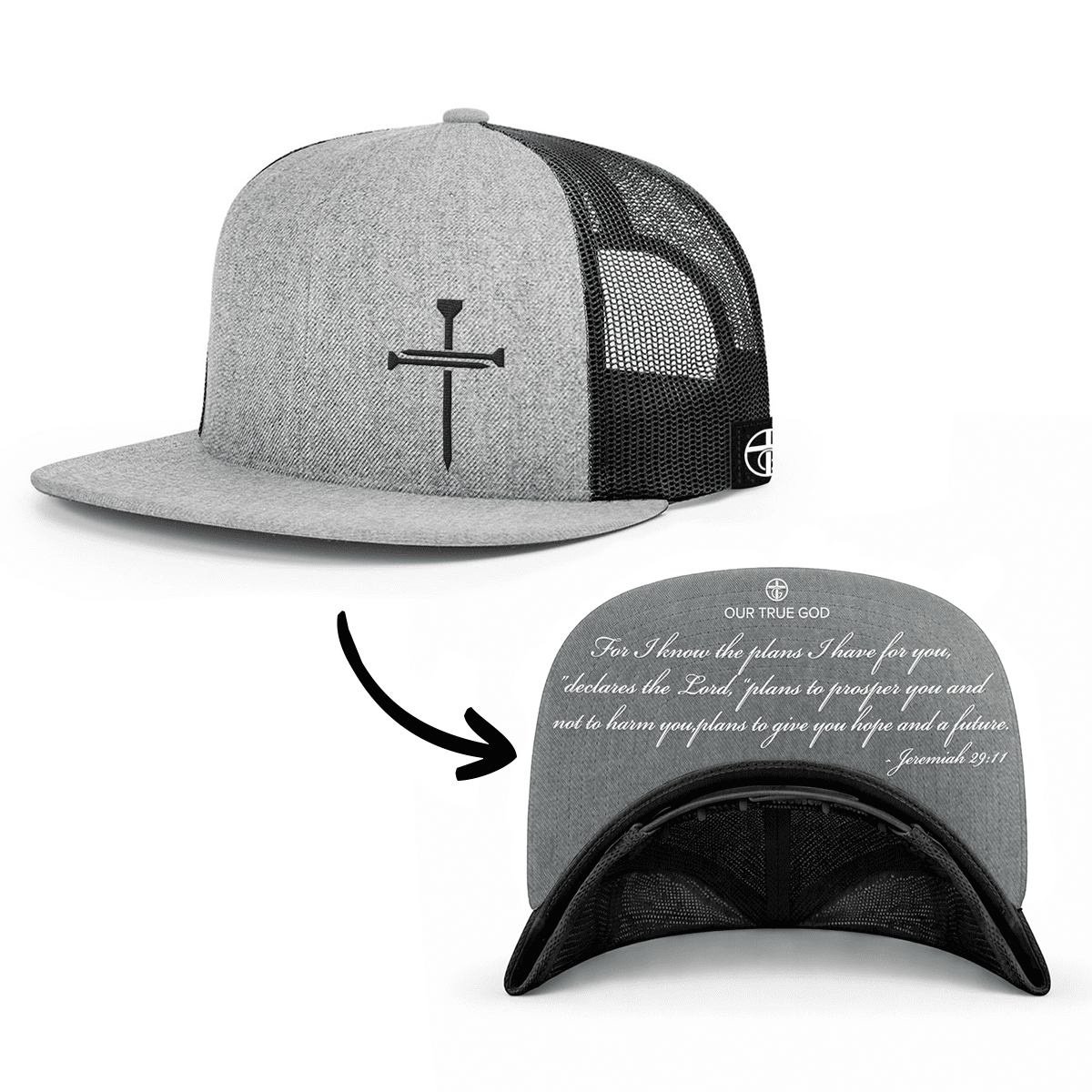 OurTrueGod Customs Hat Snapback Flatbill / Heather and Black / One Size 3 Nail Cross - Jeremiah 29:11 Prayer Print Hats