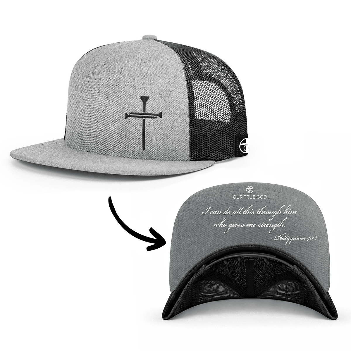 OurTrueGod Customs Hat Snapback Flatbill / Heather and Black / One Size 3 Nail Cross - Philippians 4:13 Prayer Print Hats