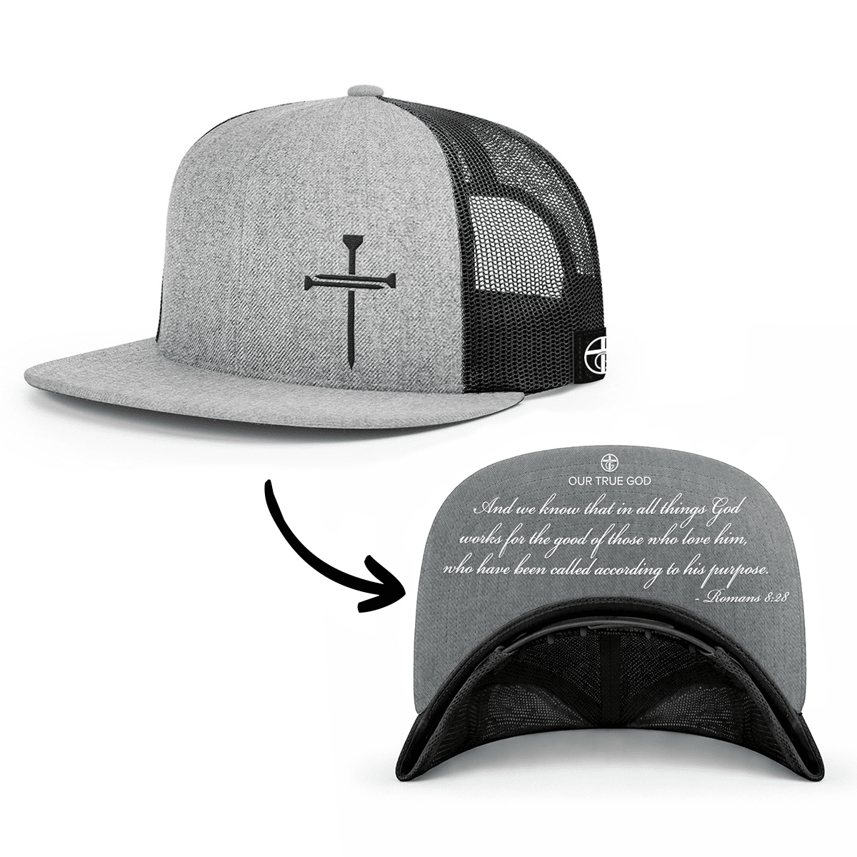 OurTrueGod Customs Hat Snapback Flatbill / Heather and Black / One Size 3 Nail Cross - Romans 8:28 Prayer Print Hats