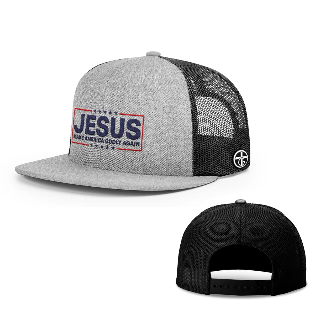 OurTrueGod Customs Hat Snapback Flatbill / Heather and Black / One Size Jesus Make America Godly Again Hats