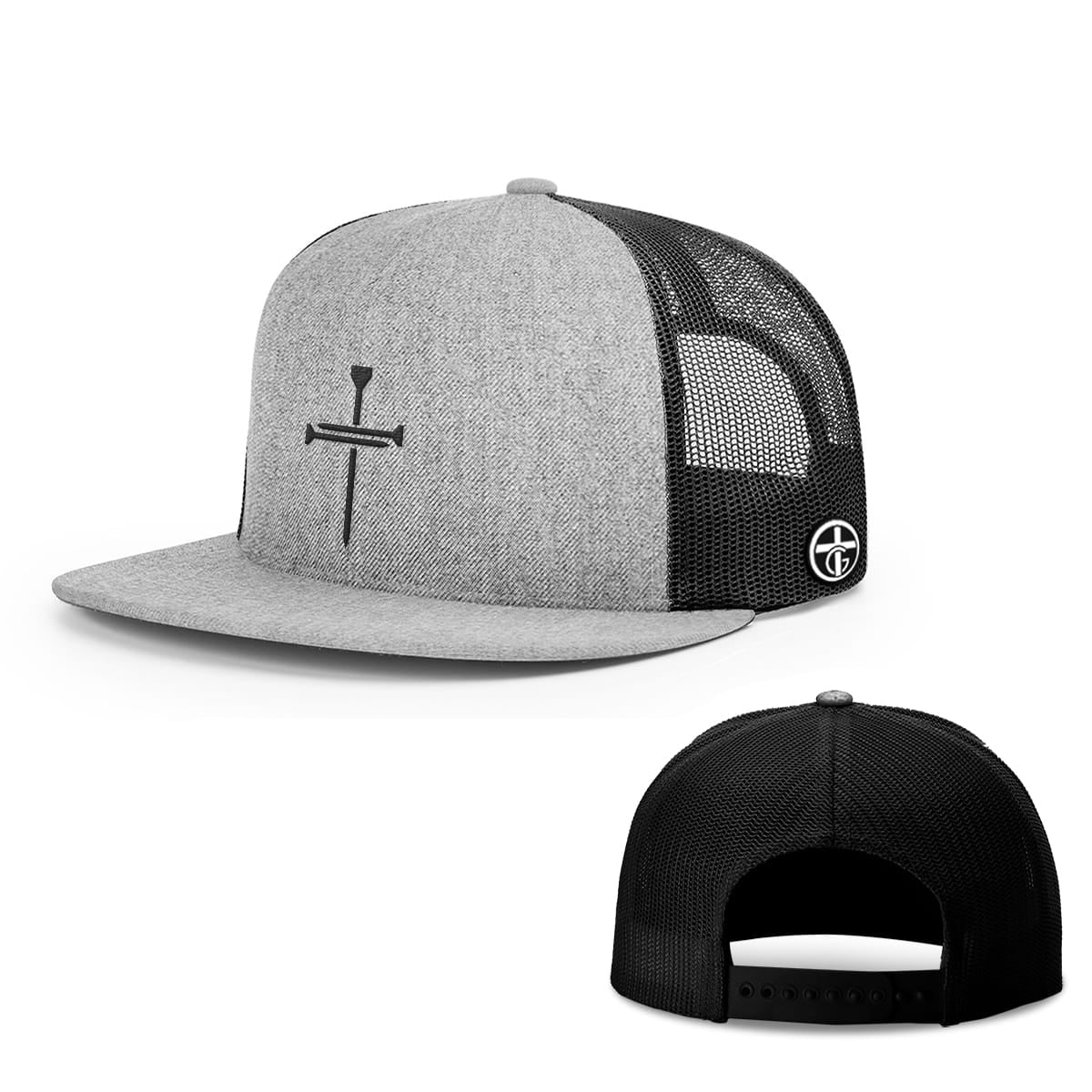 OurTrueGod Customs Hat Snapback Flatbill / Heather and Black / One Size Nail Cross Center Hats