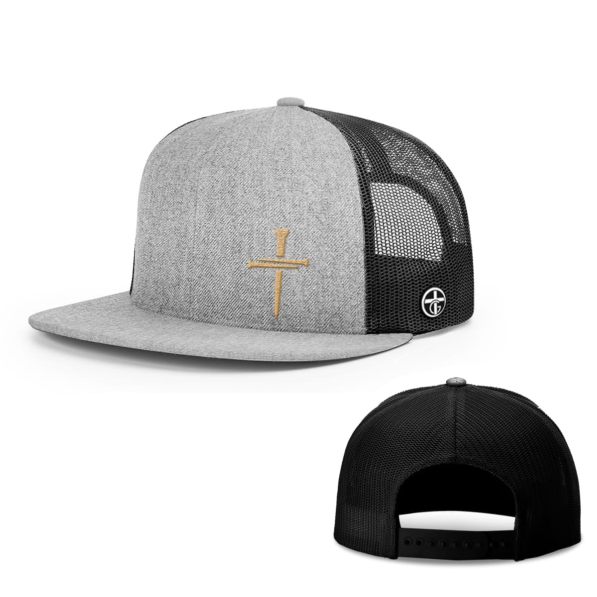 Nail Cross Gold Hat, Snapback Flatbill in Heather and Black