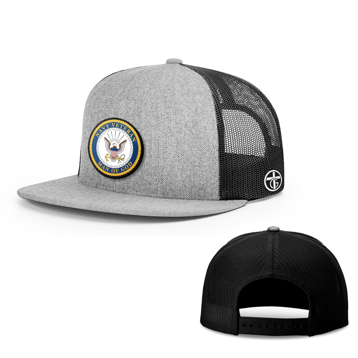 OurTrueGod Customs Hat Snapback Flatbill / Heather and Black / One Size Navy Veteran - Man Of God Patch Hats