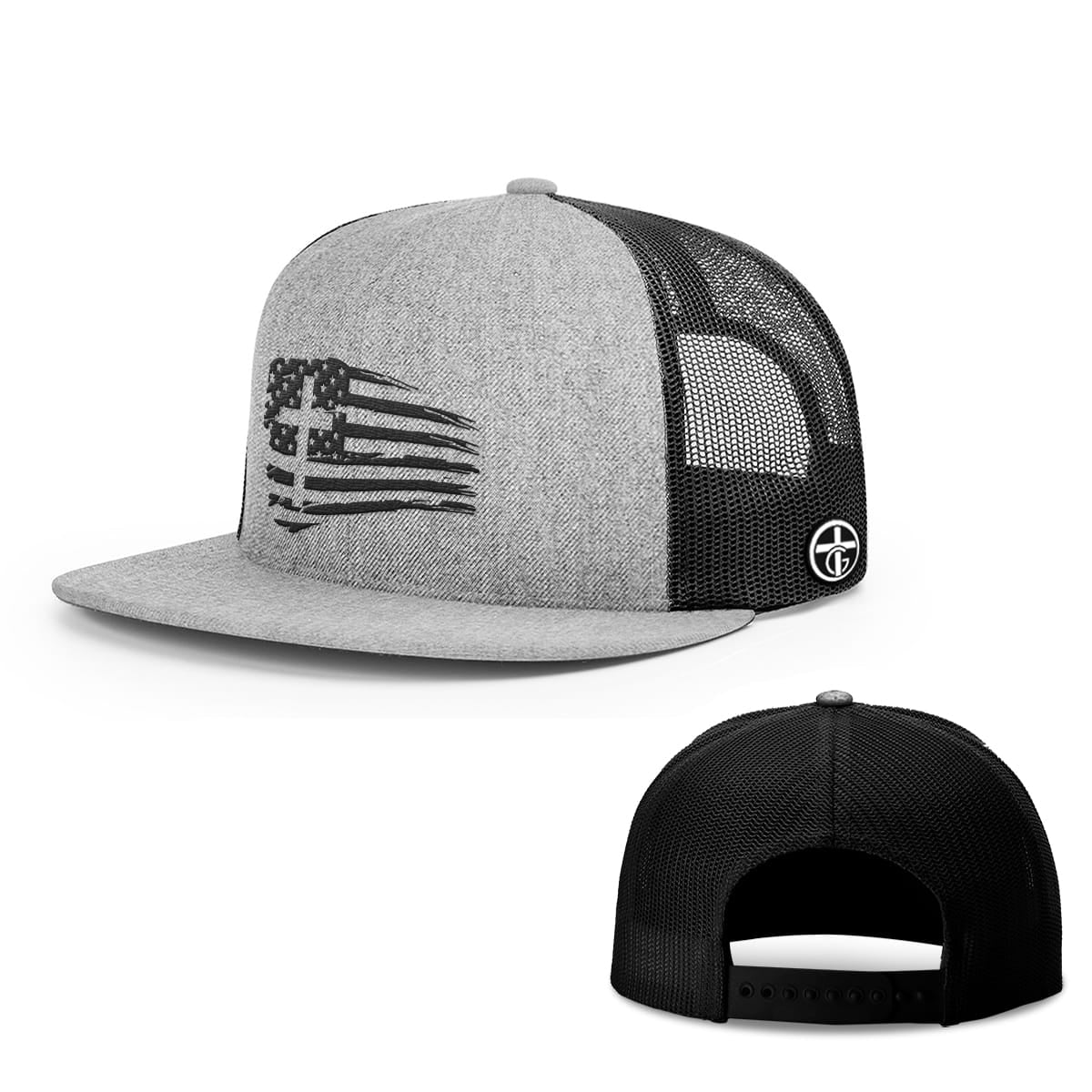 OurTrueGod Customs Hat Snapback Flatbill / Heather and Black / One Size Tattered Flag Cross Hats
