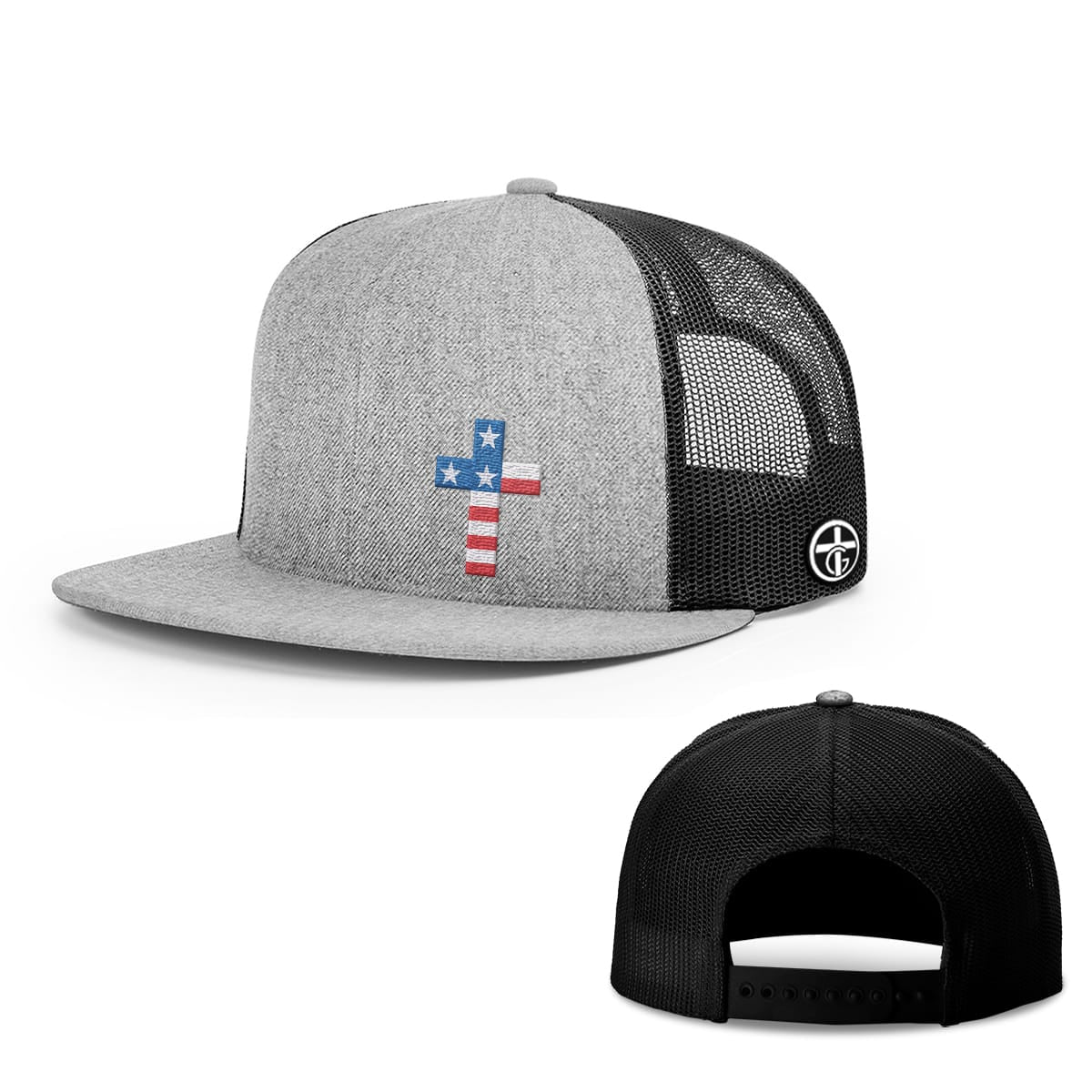 OurTrueGod Customs Hat Snapback Flatbill / Heather and Black / One Size USA Flag Cross Hats