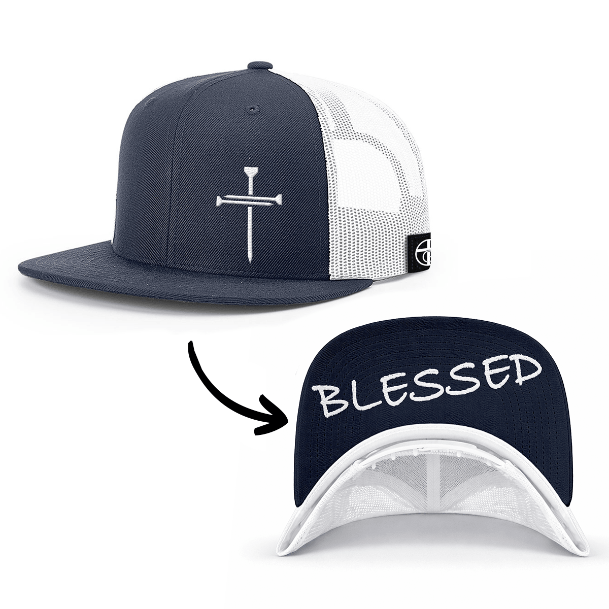 OurTrueGod Customs Hat Snapback Flatbill / Navy and White / One Size 3 Nail Cross - Blessed Prayer Print Hats