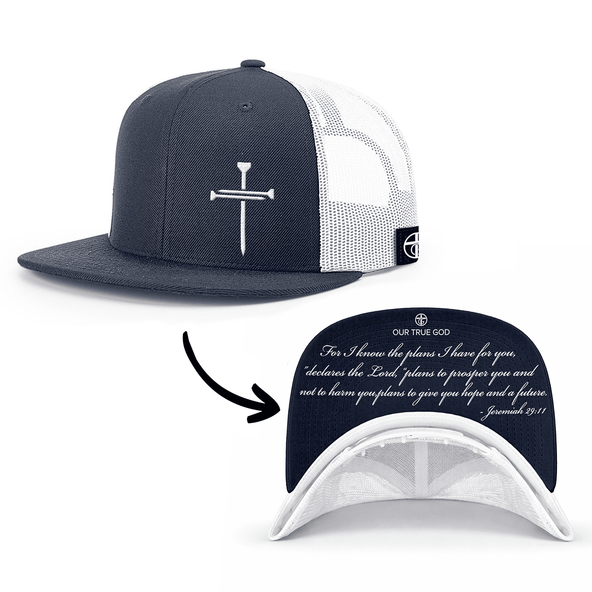 OurTrueGod Customs Hat Snapback Flatbill / Navy and White / One Size 3 Nail Cross - Jeremiah 29:11 Prayer Print Hats