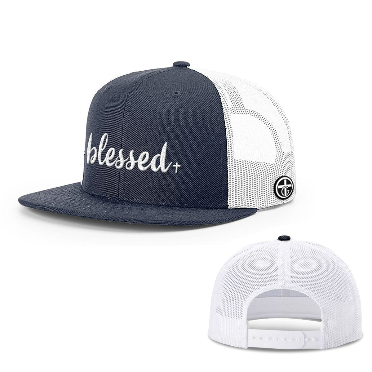 OurTrueGod Customs Hat Snapback Flatbill / Navy and White / One Size Blessed Cross Hats