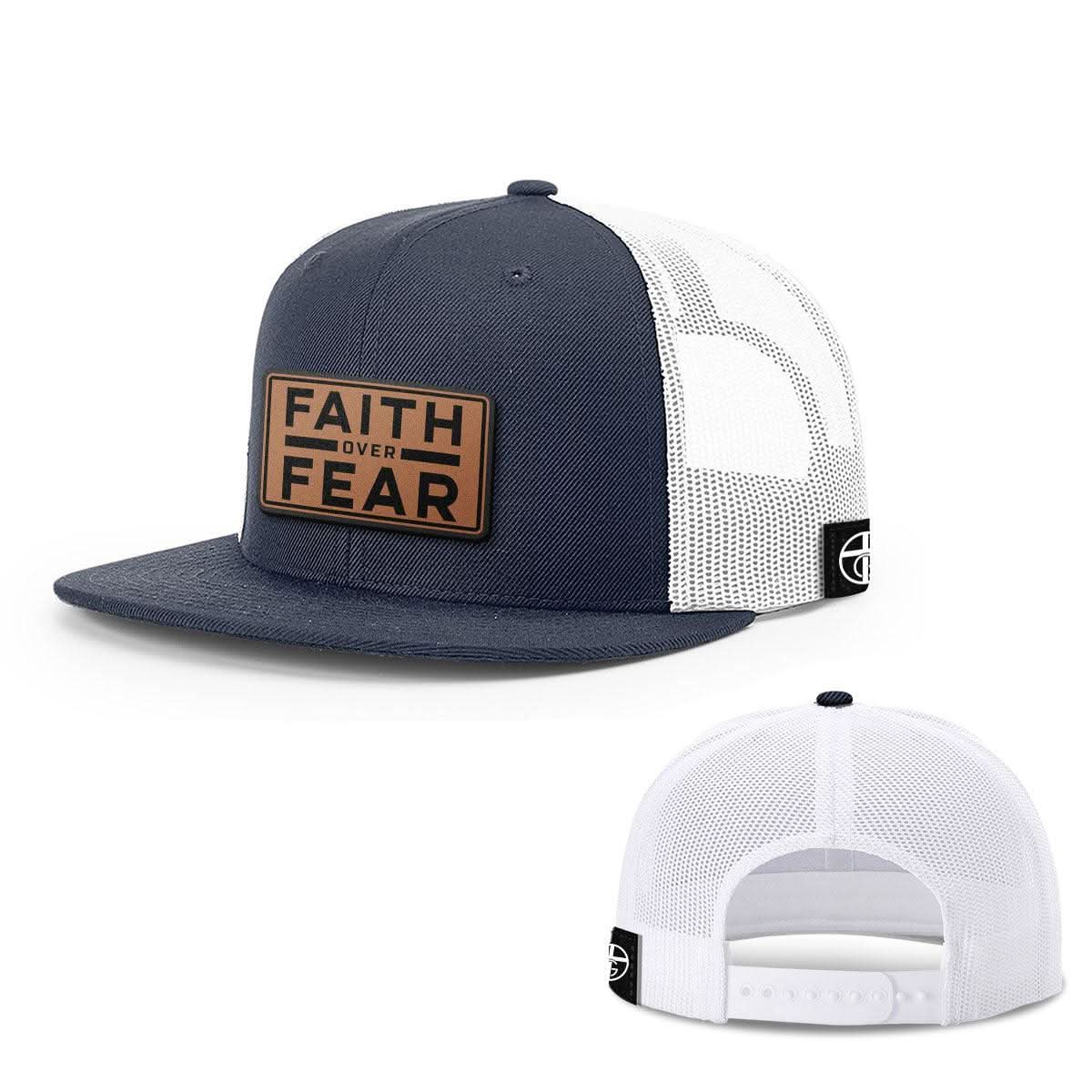 OurTrueGod Customs Hat Snapback Flatbill / Navy and White / One Size Faith Over Fear Leather Patch Hats