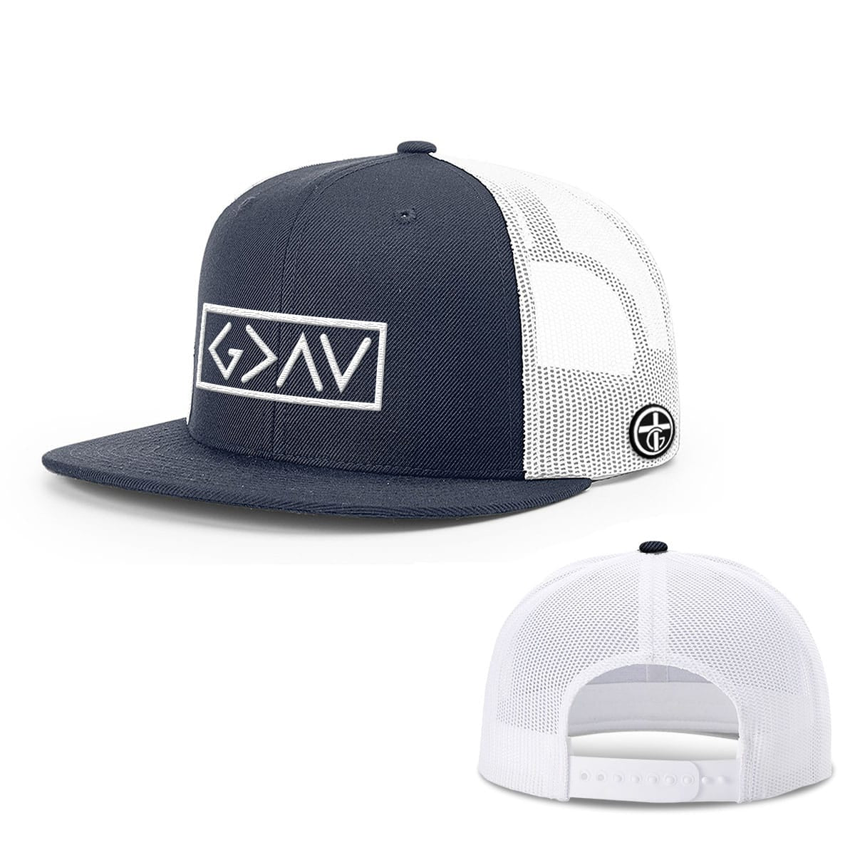 OurTrueGod Customs Hat Snapback Flatbill / Navy and White / One Size God is Greater Than the Highs and Lows Hats