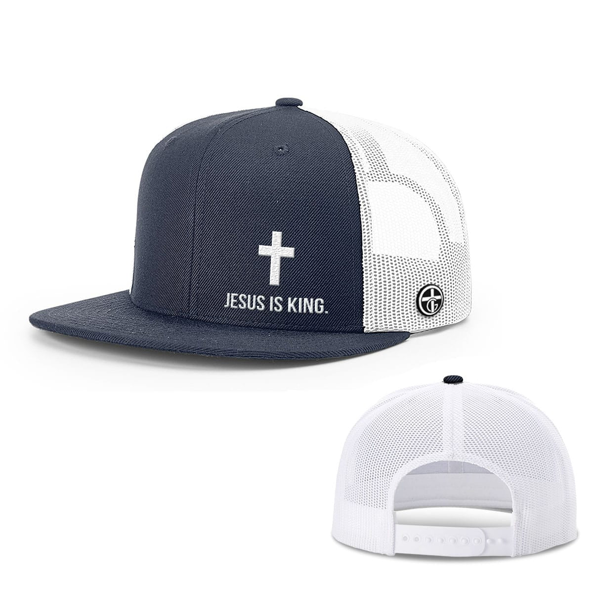 Jesus is King Lower Left Hat, Snapback Flatbill in Navy and White